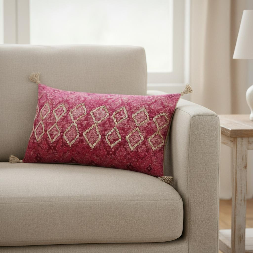 Pink Textured Diamond Velvety Lumbar Pillow