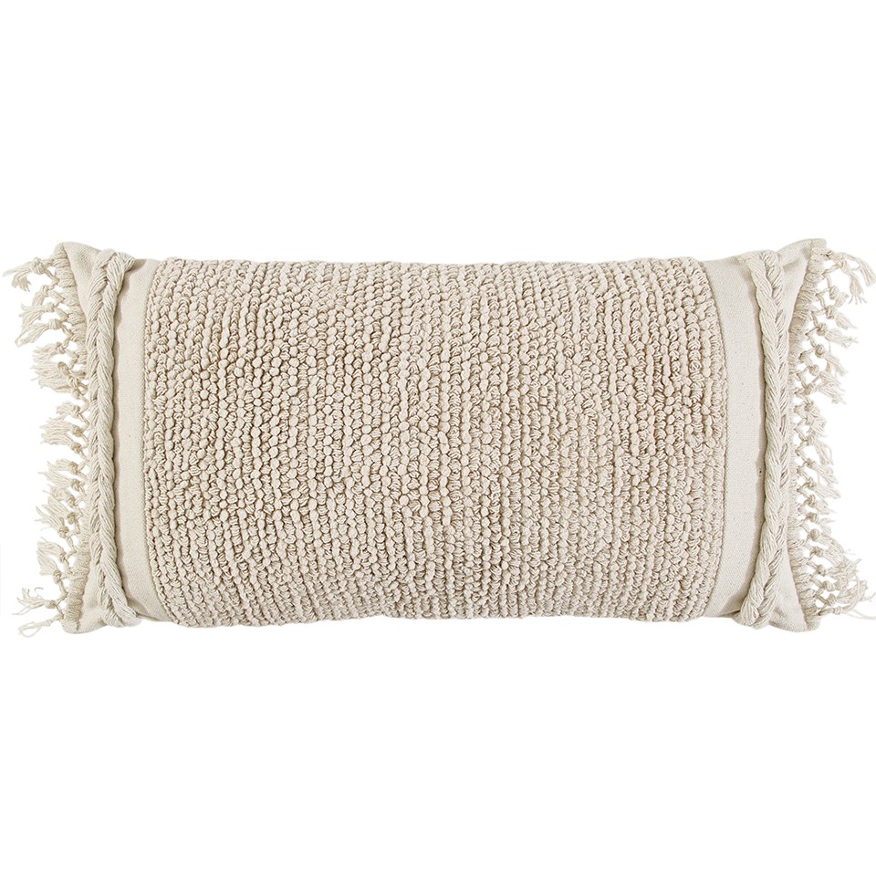 Ivory Braided Stripe Macrame Fringe Lumbar Pillow-403435-1
