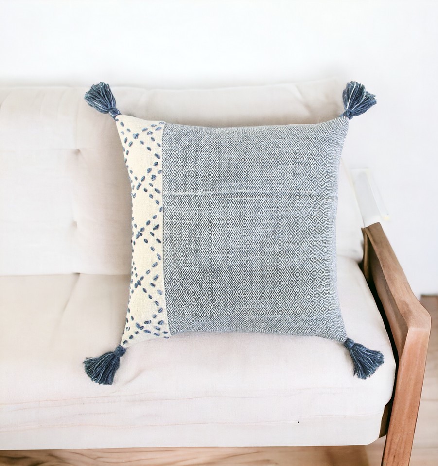 20" Blue and Ivory Herringbone Cotton Throw Pillow With Tassels