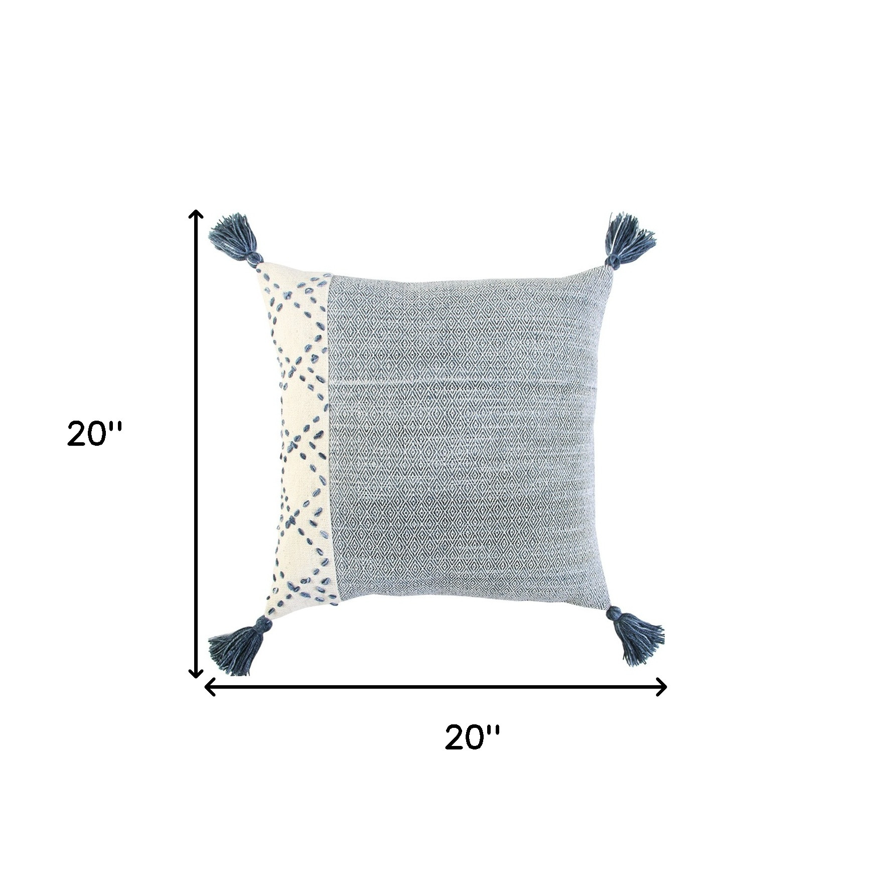 20" Blue and Ivory Herringbone Cotton Throw Pillow With Tassels