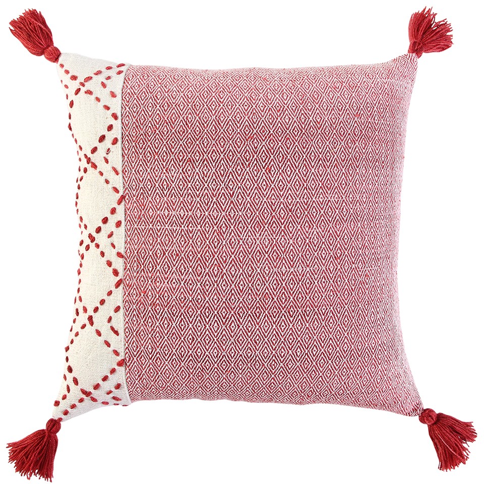 Ivory Red Accent Stitch Color Block Throw Pillow-403472-1
