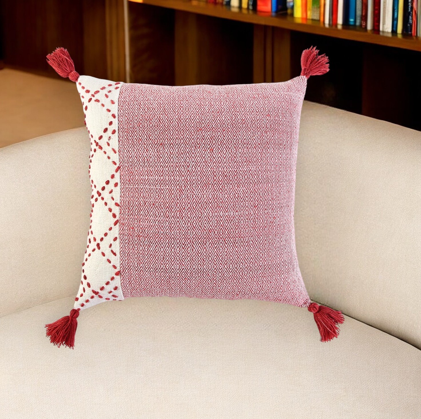 20" Red and Ivory Cotton Throw Pillow