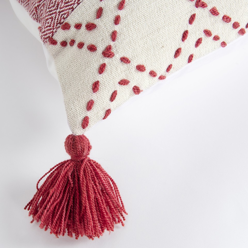 20" Red and Ivory Cotton Throw Pillow