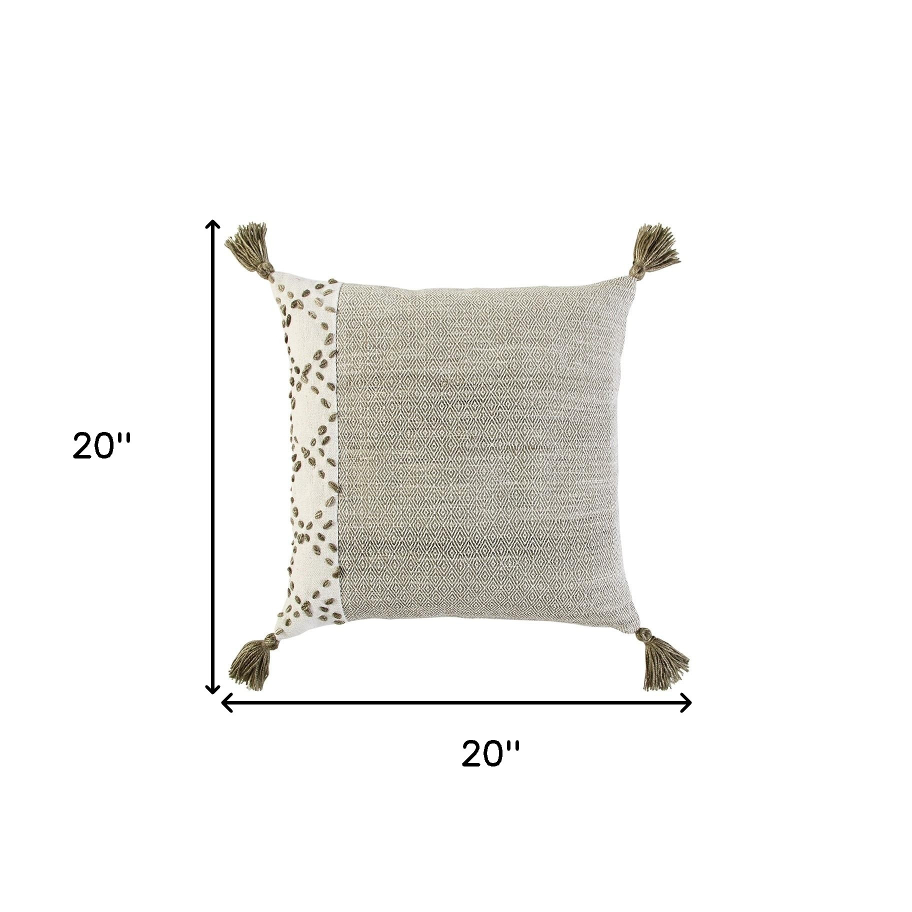 20" Taupe and Ivory Herringbone Cotton Throw Pillow With Tassels