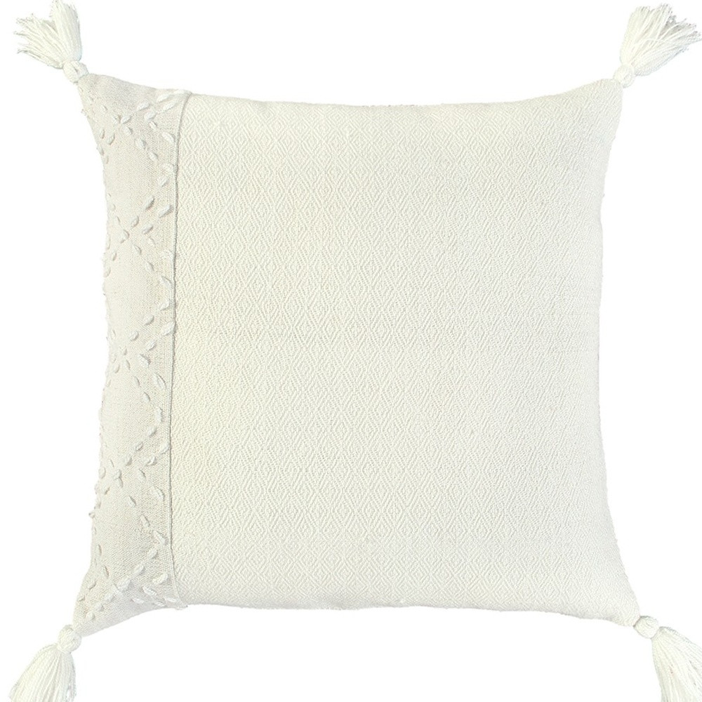 20" Ivory Herringbone Cotton Throw Pillow With Tassles
