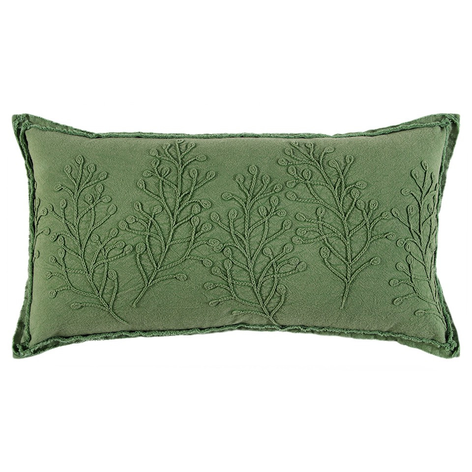 14" X 26" Green Tone on Tone Botanical Throw Pillow With Embroidery