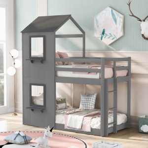 Gray Twin Over Twin House Bunk Bed with Windows and Roof