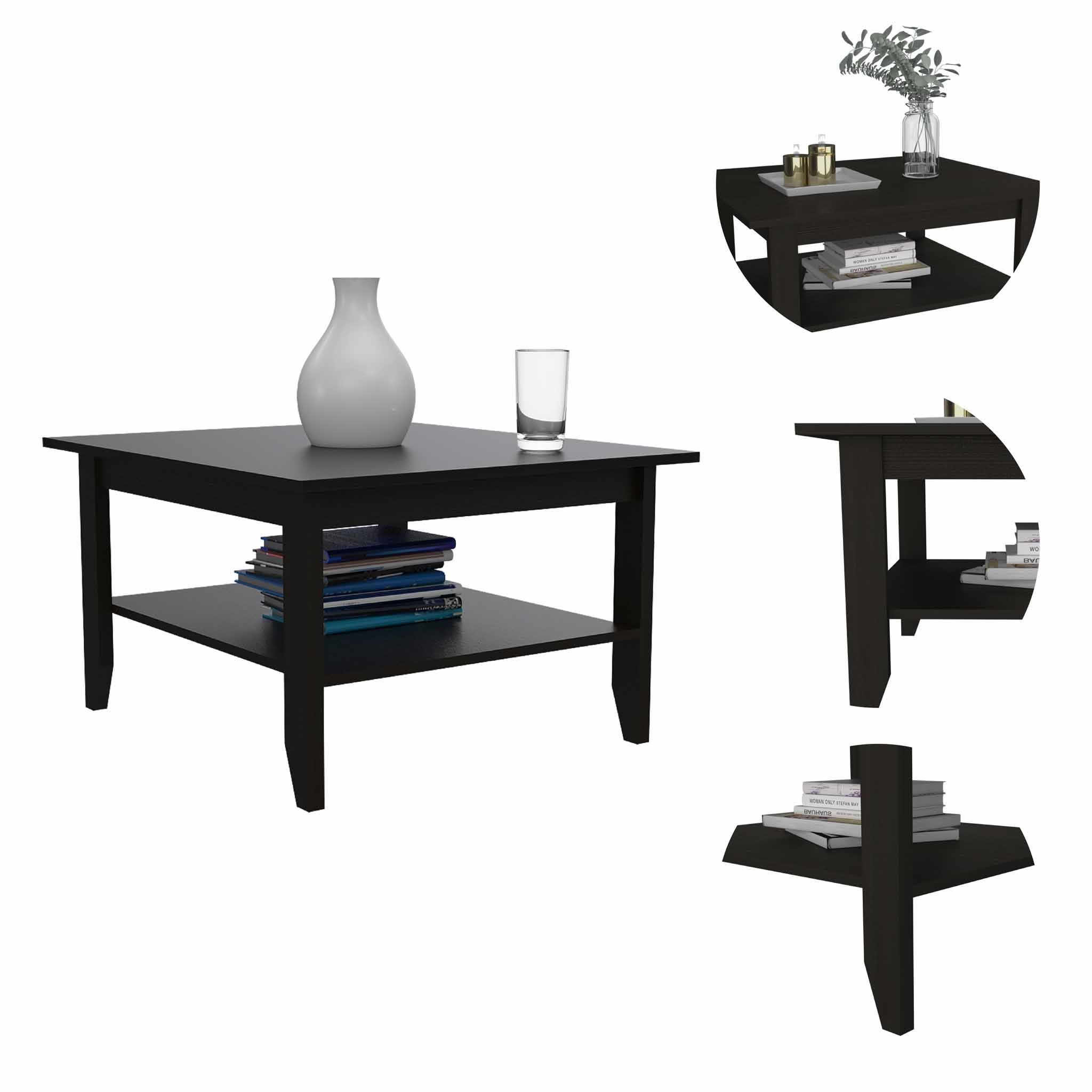 Modern Jet Black Coffee Table with Shelf