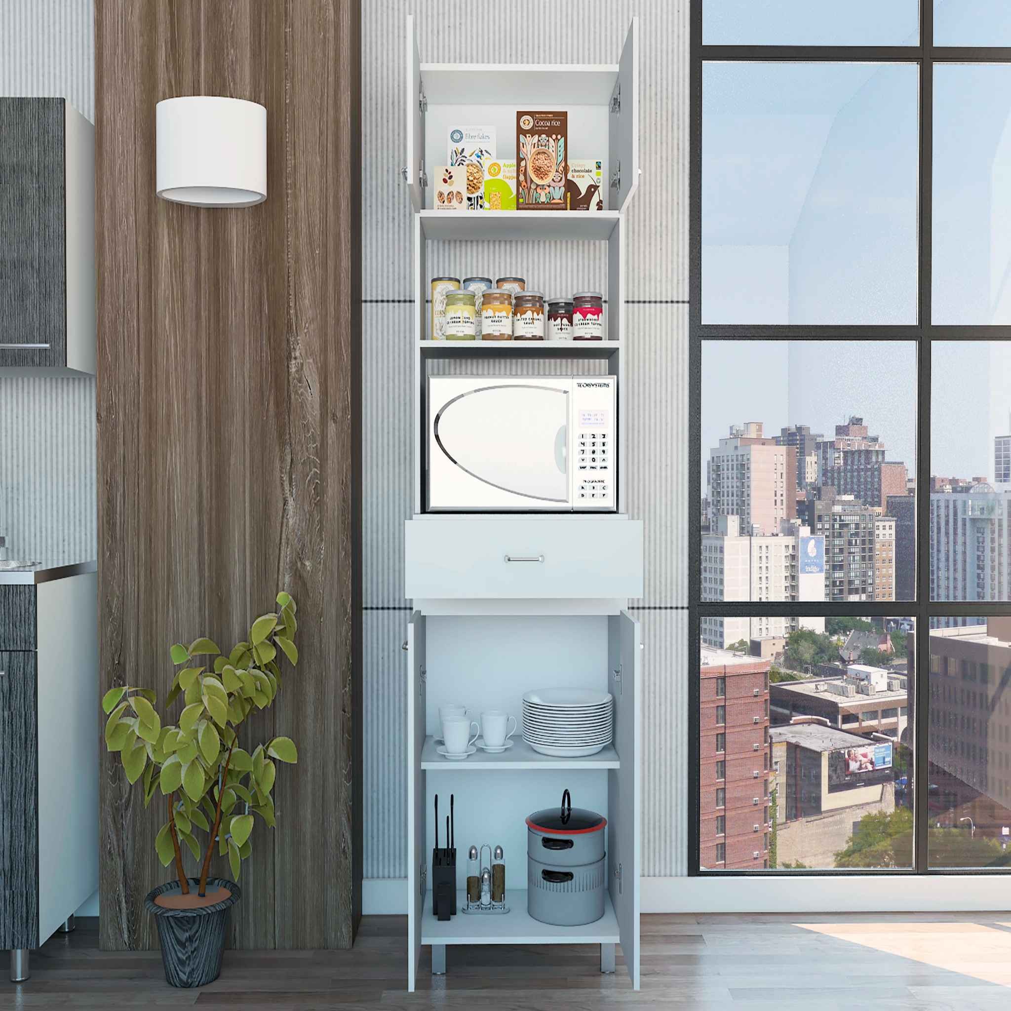 Modern White Stria Tall Kitchen Cart