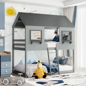 Gray and Dark Gray Twin Over Twin Doll House Bunk Bed