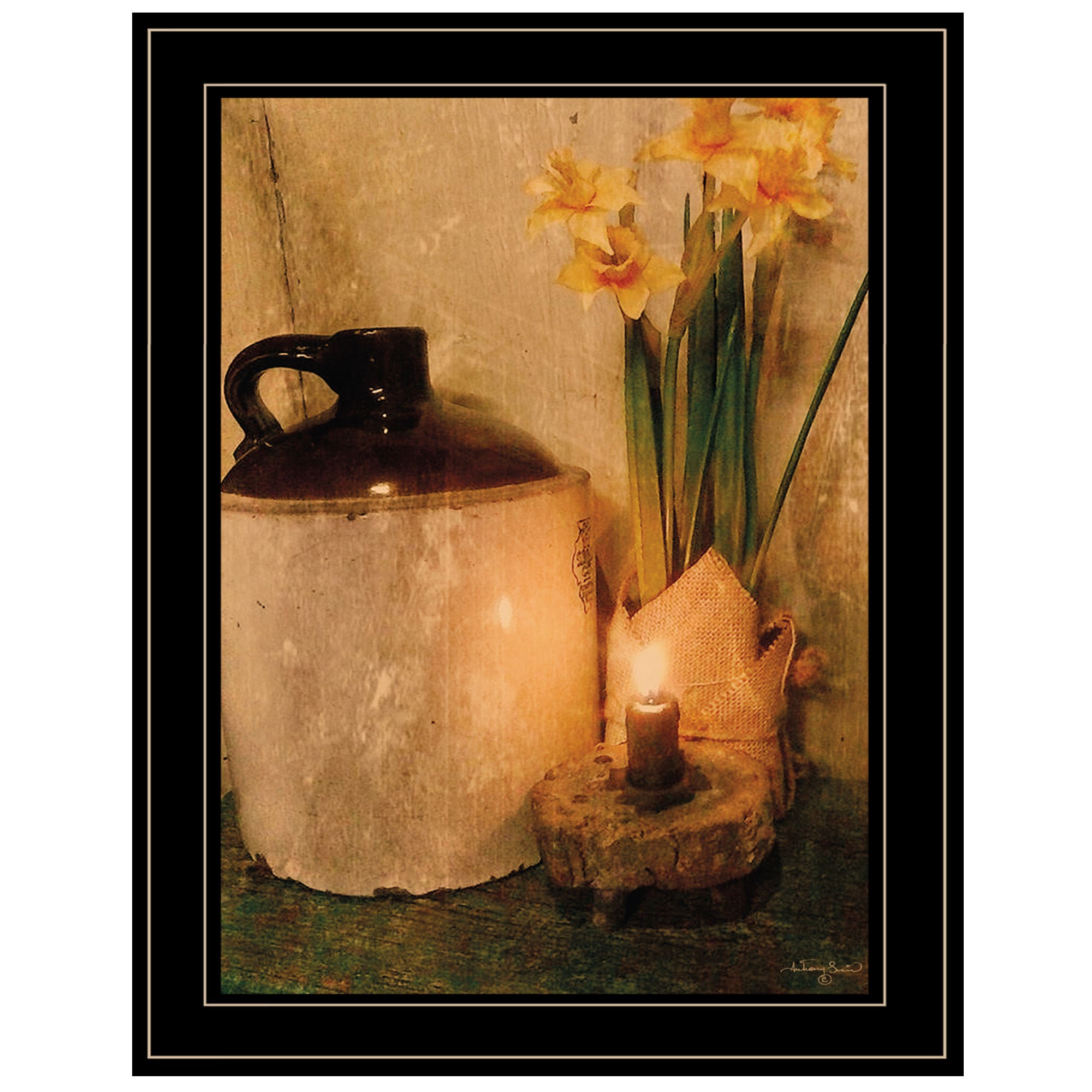 Rustic Daffodils By Candlelight Black Framed Print Wall Art