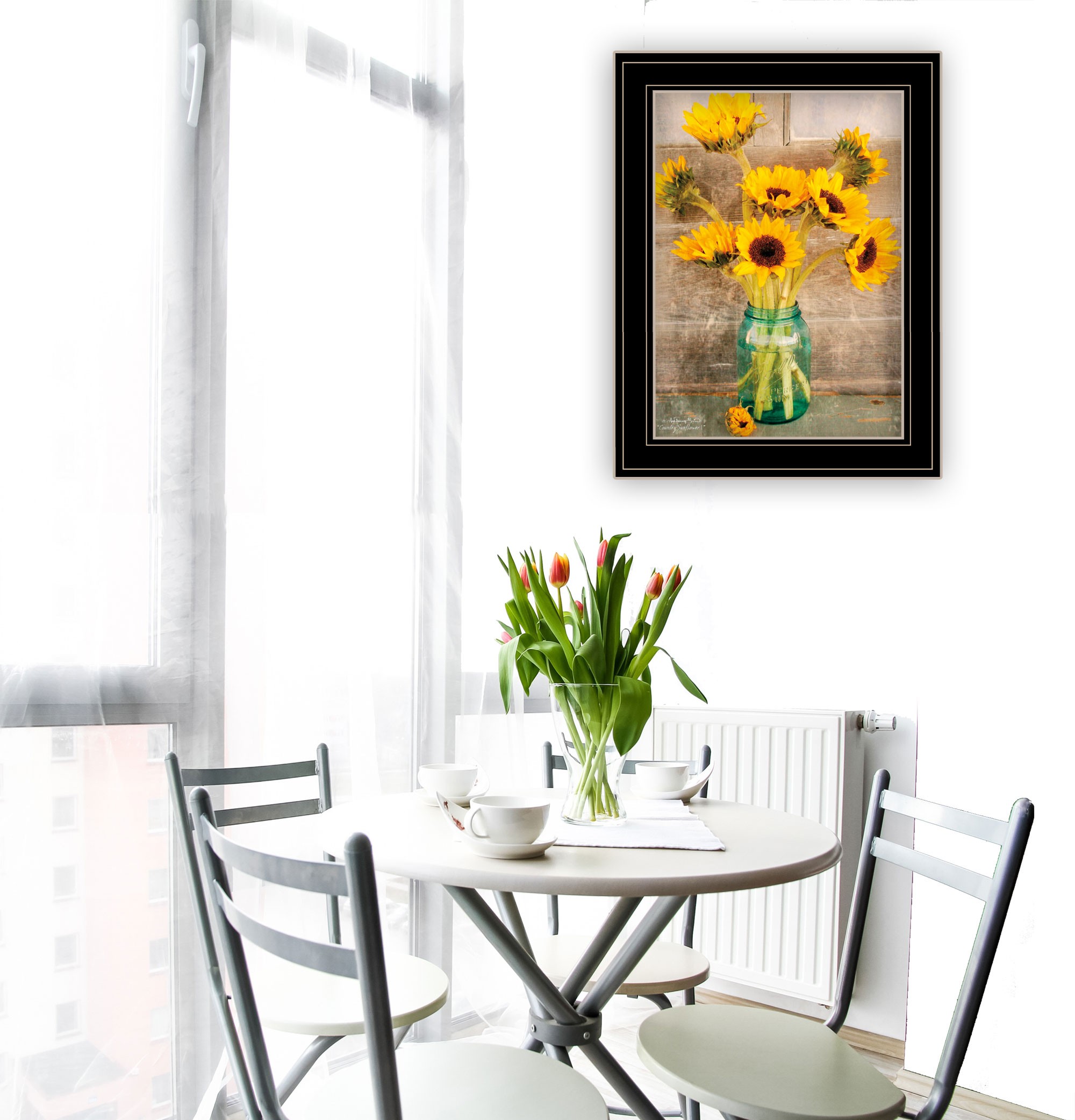 Country Sunflowers In A Mason Jar Black Framed Print Wall Art