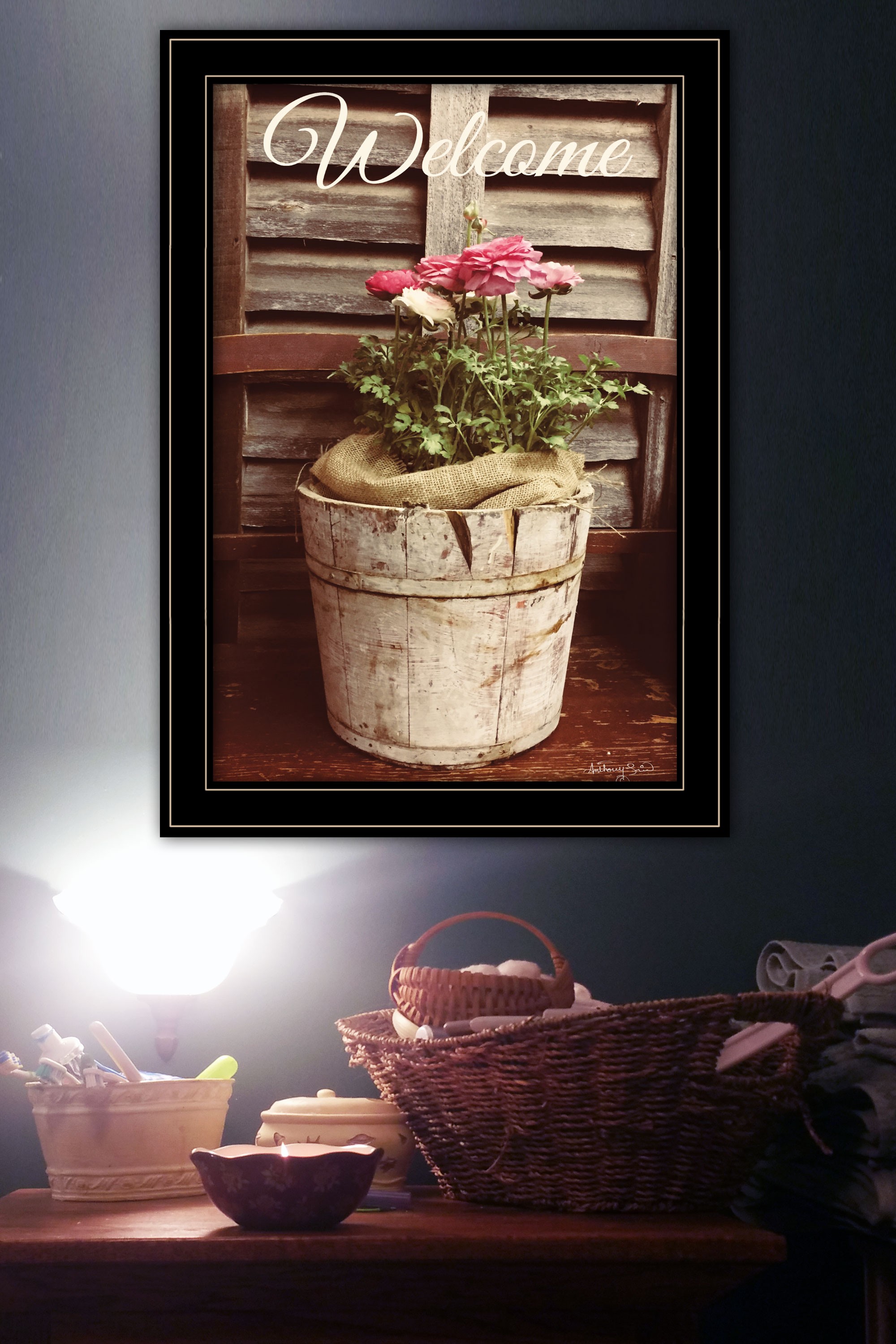 Rustic Welcome Roses Black Framed Print Wall Art