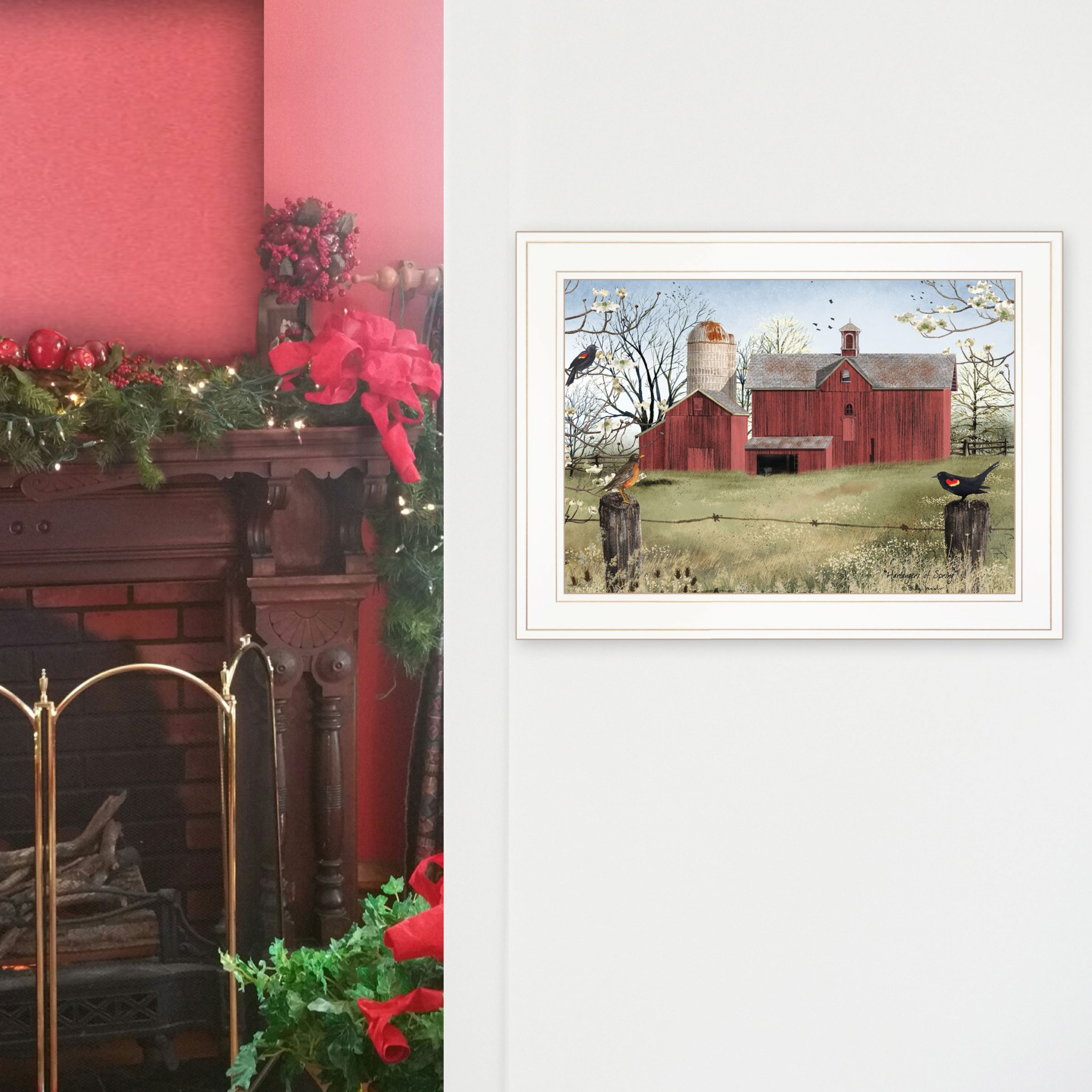 Rustic Red Barn And Birds White Framed Print Wall Art