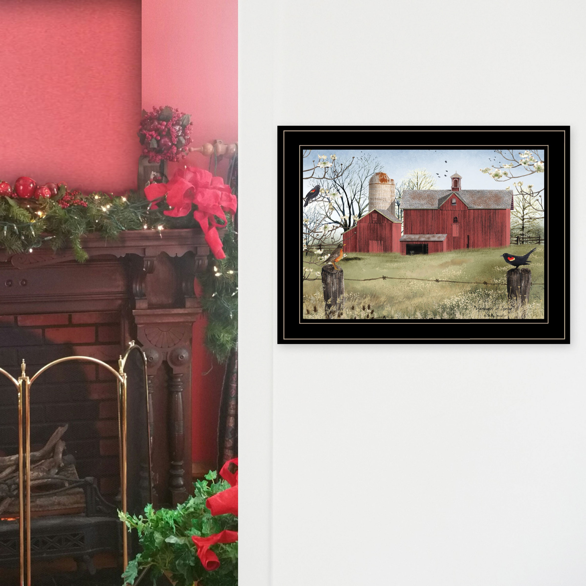 Rustic Red Barn And Birds Black Framed Print Wall Art