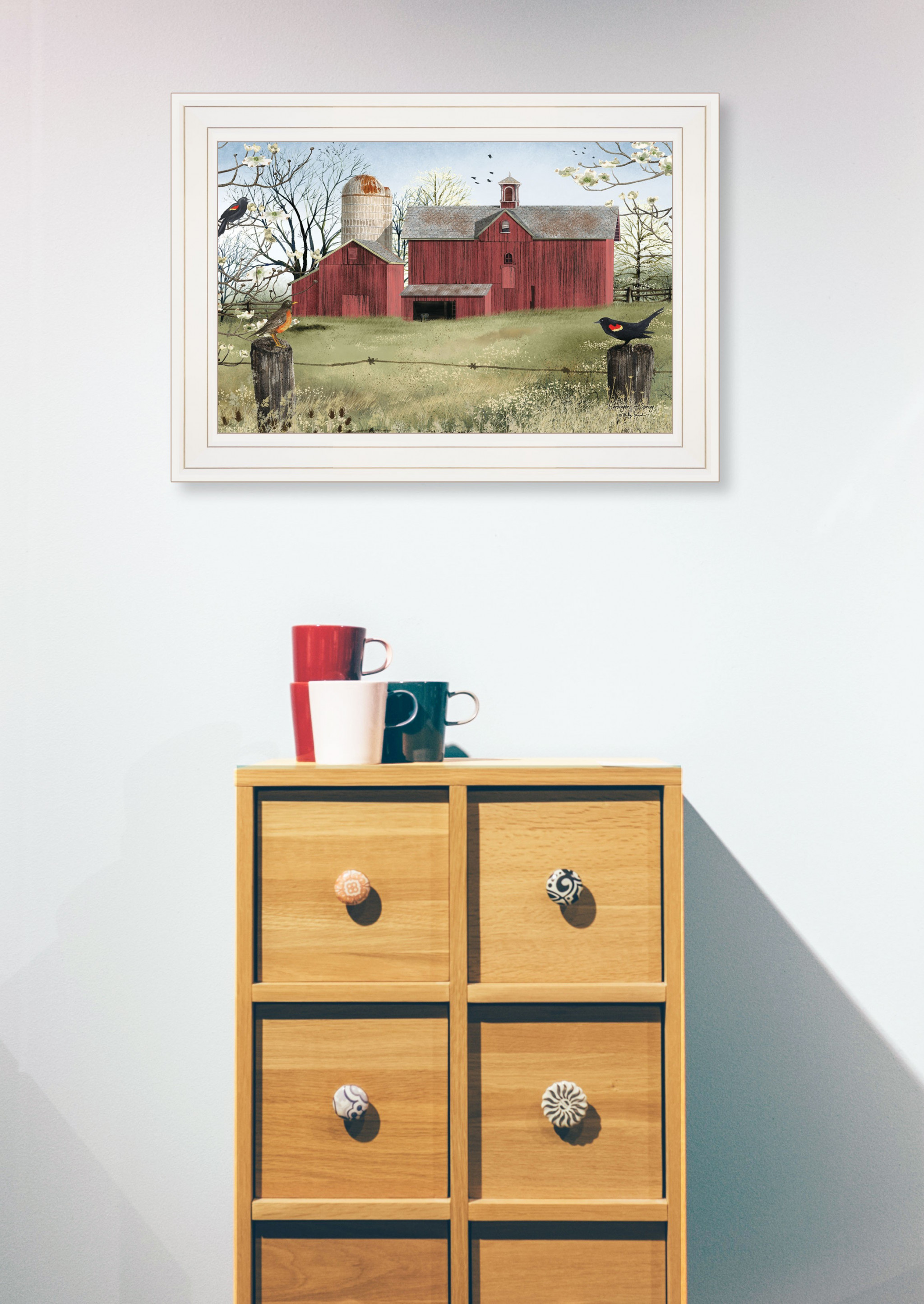 Rustic Red Barn And Birds White Framed Print Wall Art
