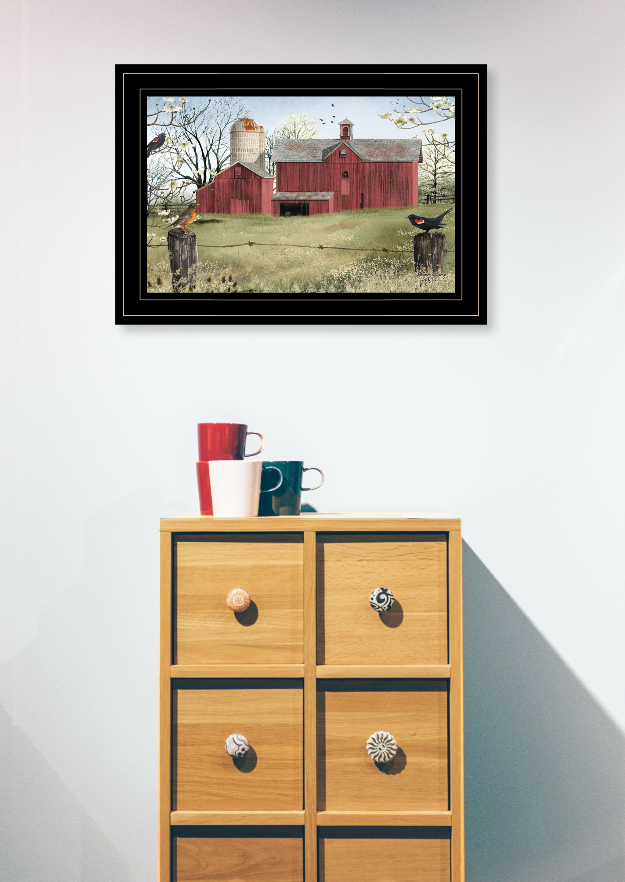 Rustic Red Barn And Birds Black Framed Print Wall Art