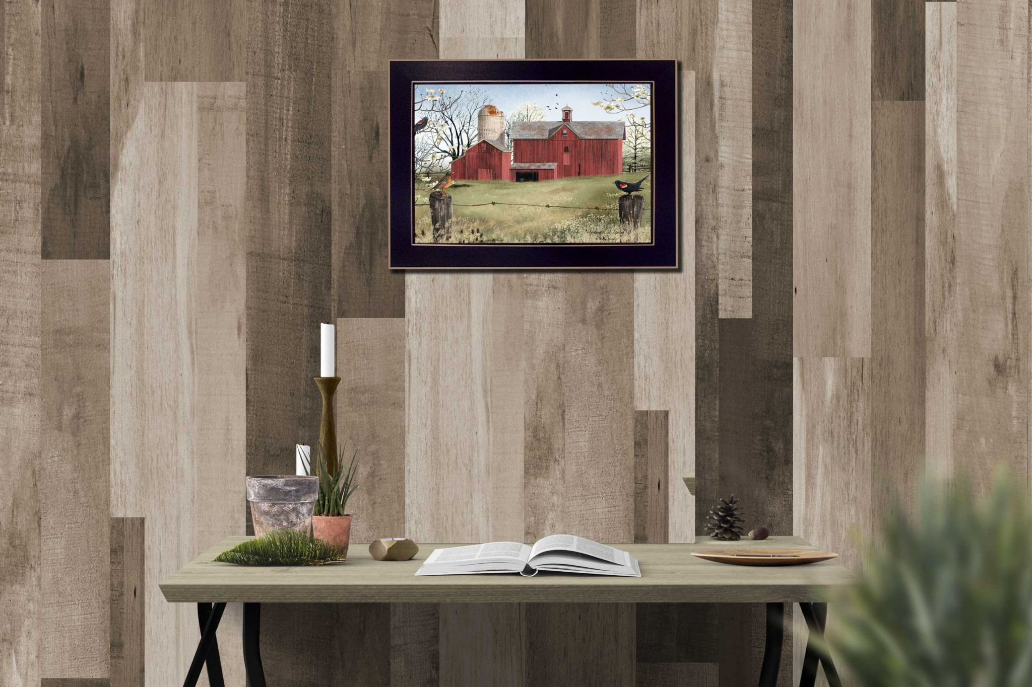 Rustic Red Barn And Birds Black Framed Print Wall Art