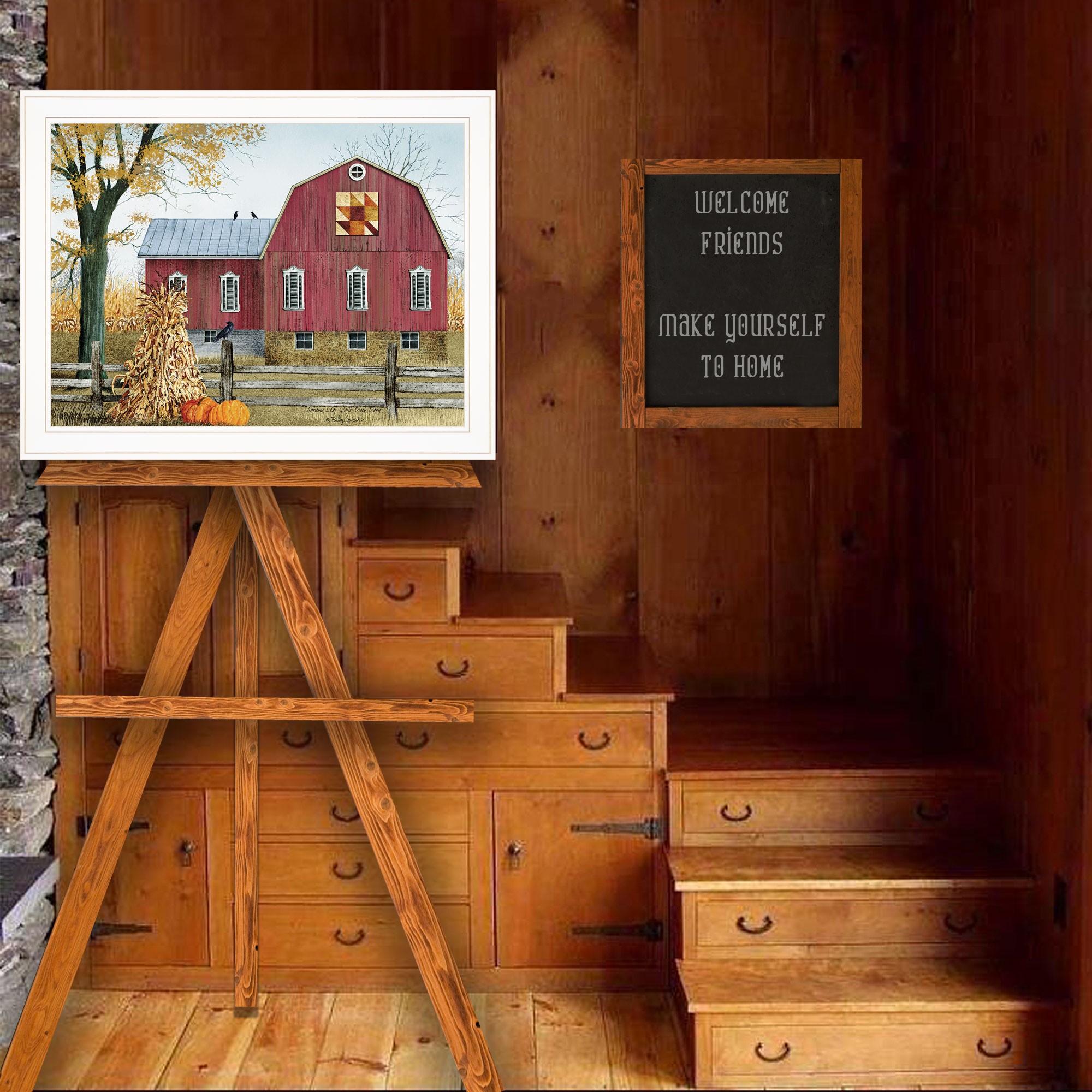 Autumn Leaf Quilt Block Barn 1 White Framed Print Wall Art
