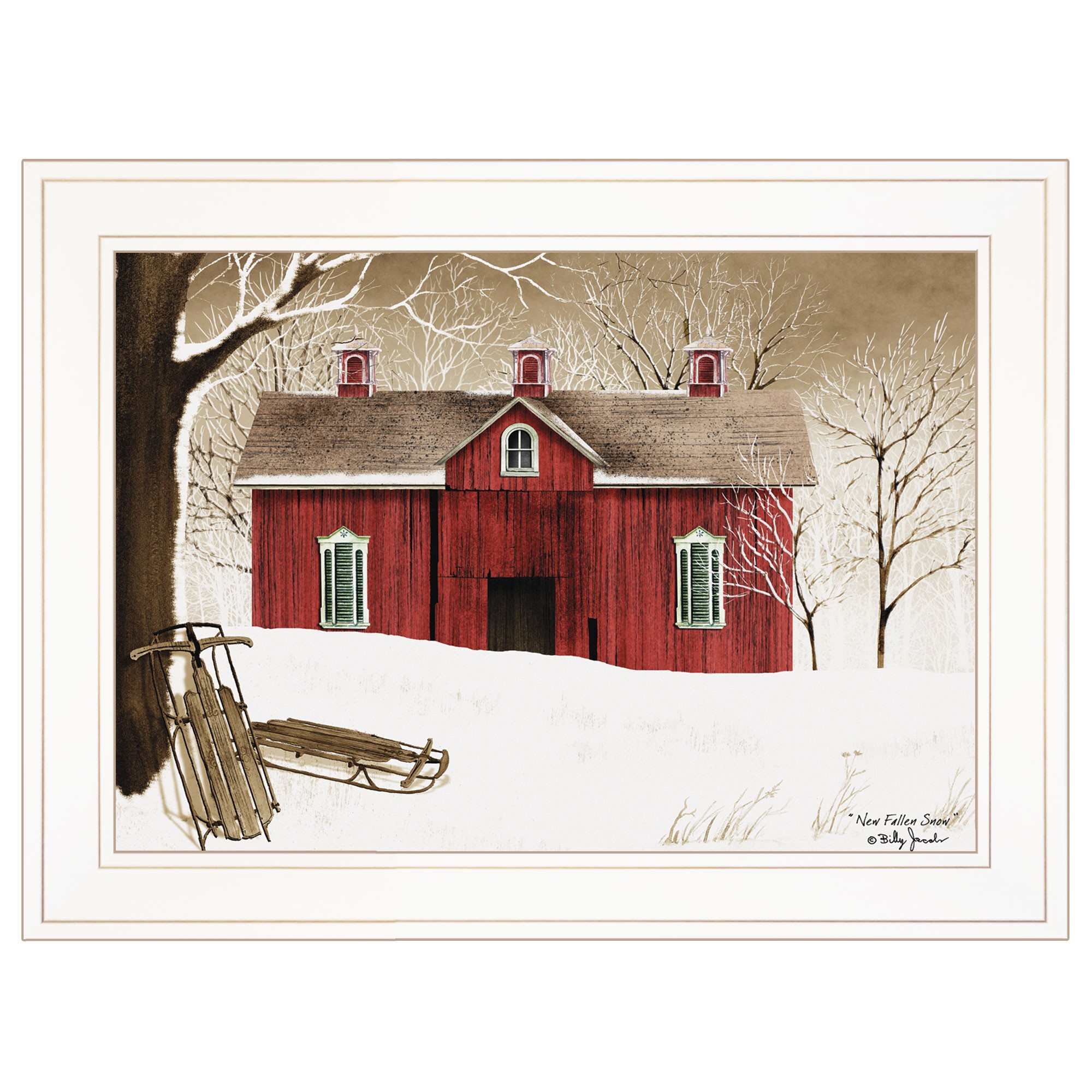 New Fallen Snow With Sleds And Red Barn White Framed Print Wall Art