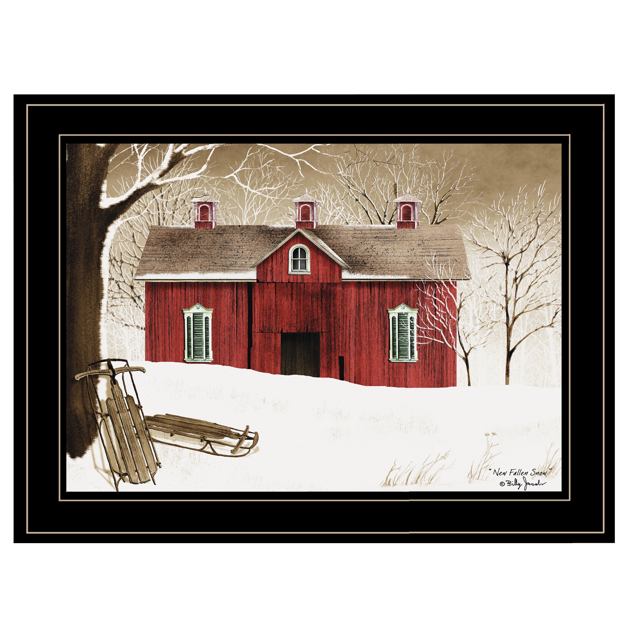 New Fallen Snow With Sleds And Red Barn Black Framed Print Wall Art