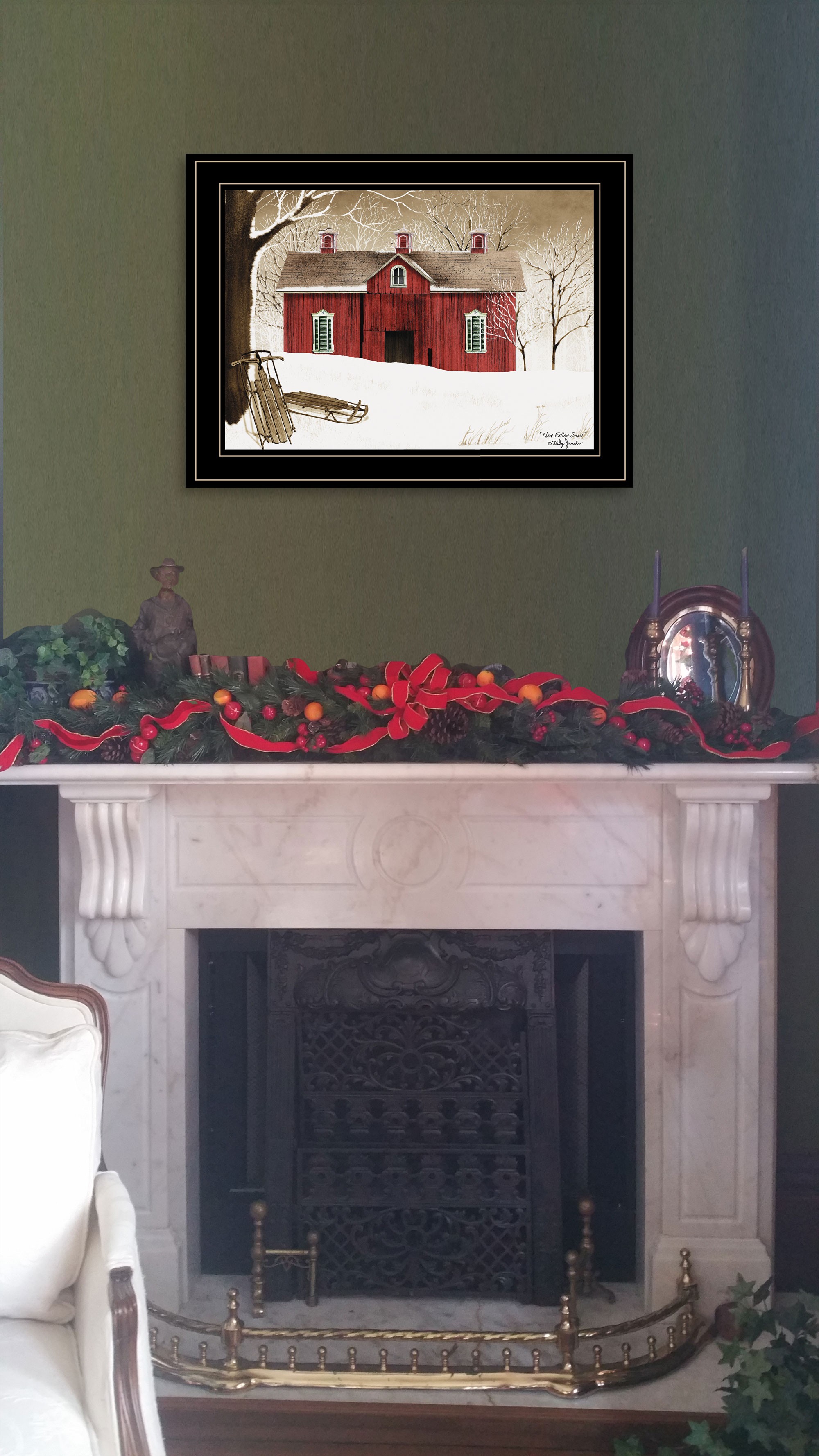 New Fallen Snow With Sleds And Red Barn Black Framed Print Wall Art