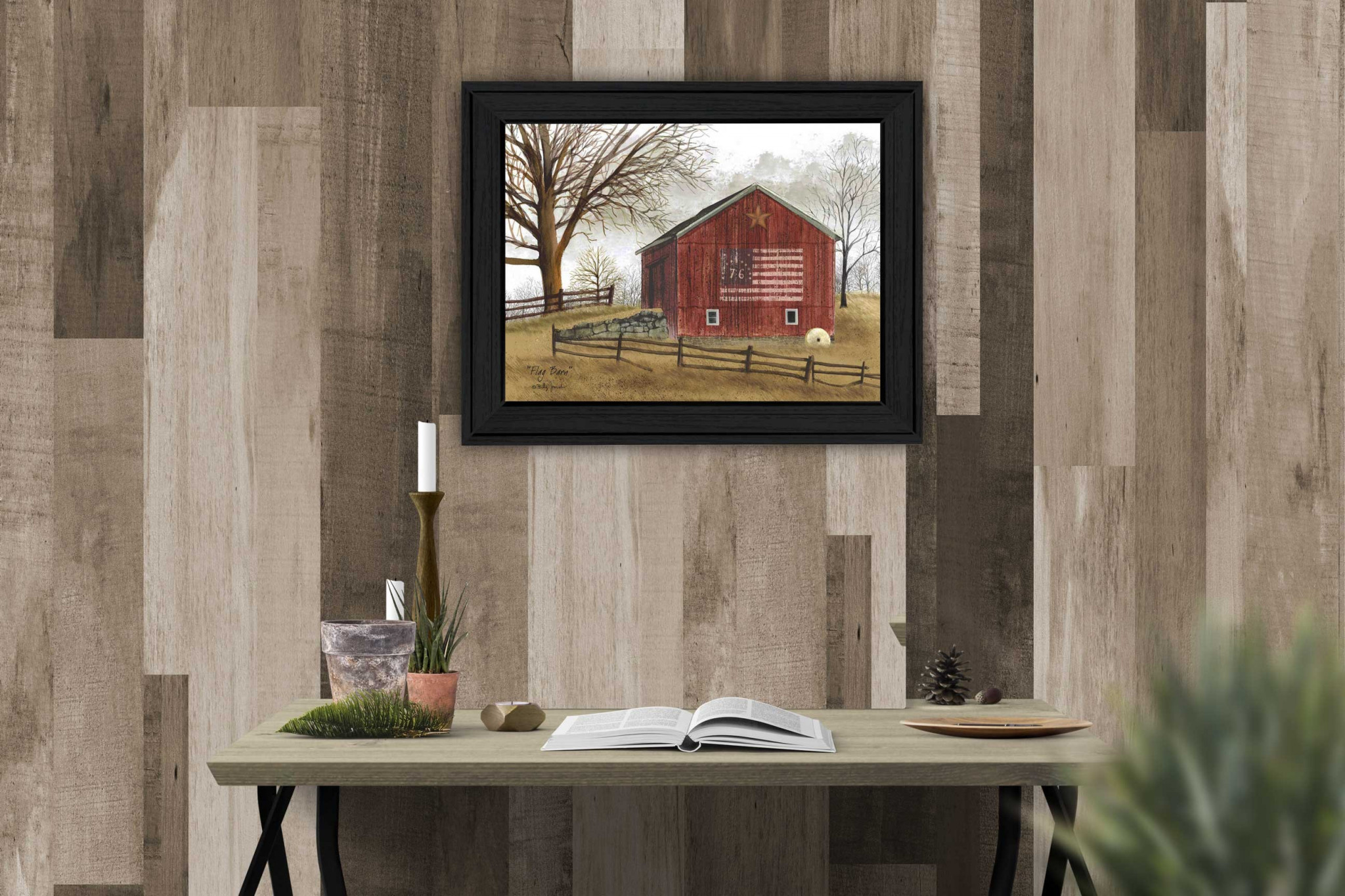 Red White And Blue Bicentennial Flag  On Barn  Black Framed Print Wall Art