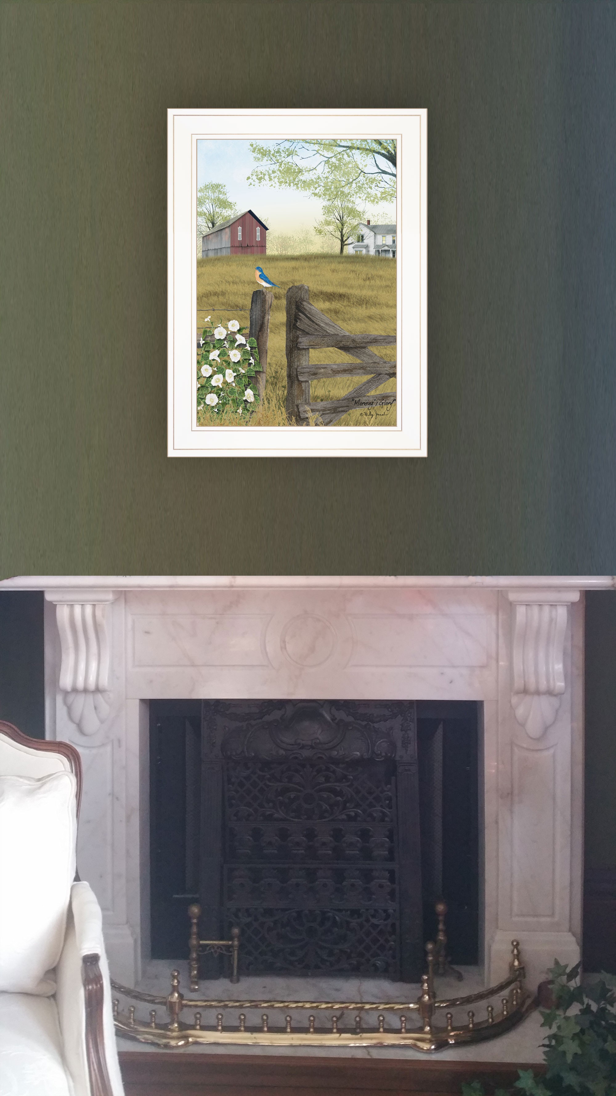 Blue Bird And Mornings Glory On The Farm White Framed Print Wall Art