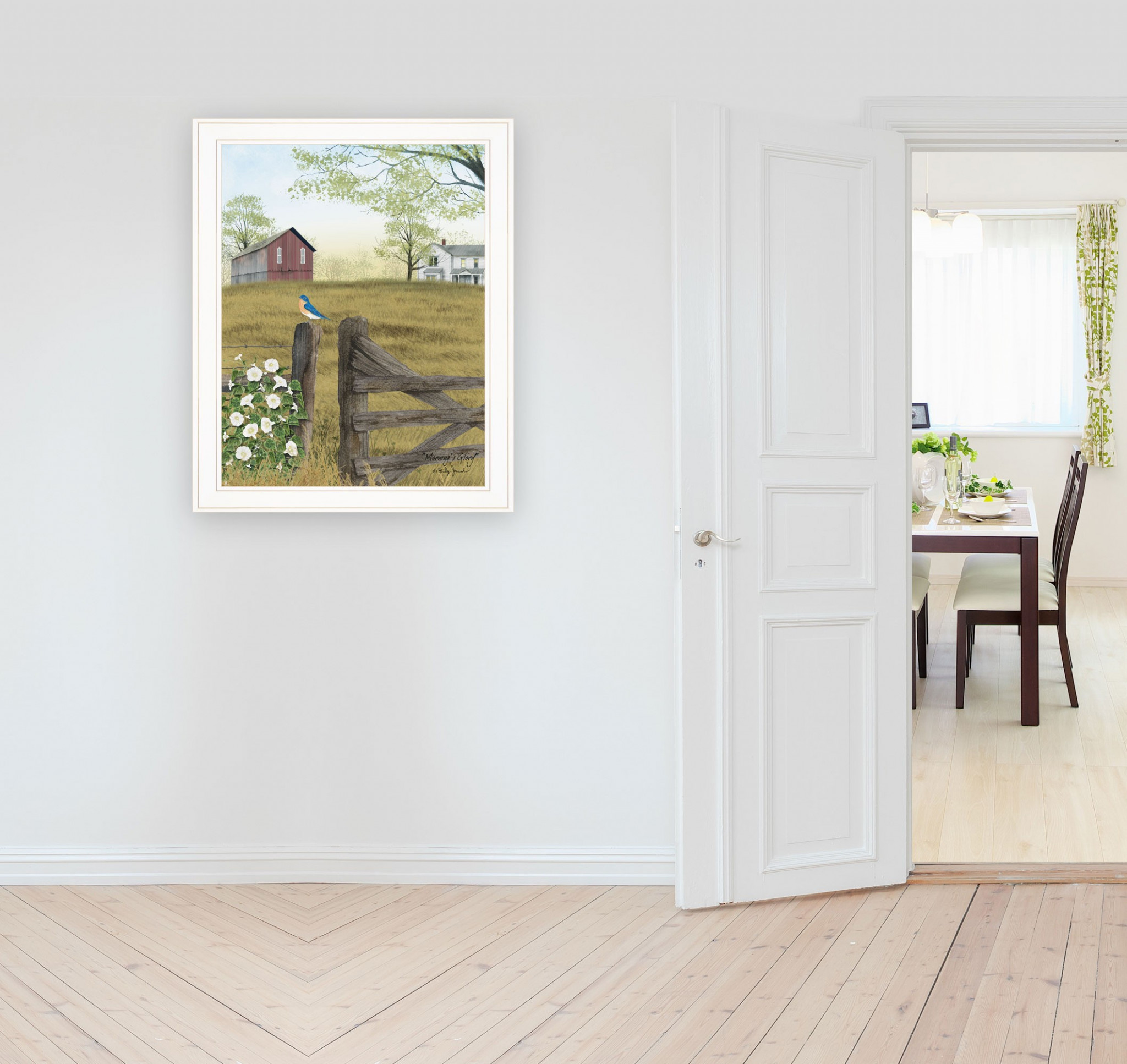 Blue Bird And Morning Glories On The Farm White Framed Print Wall Art