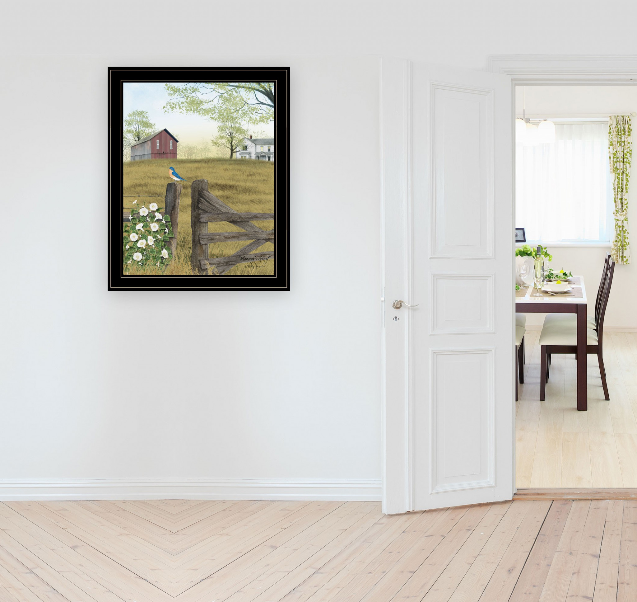 Blue Bird And Morning Glories On The Farm Black Framed Print Wall Art