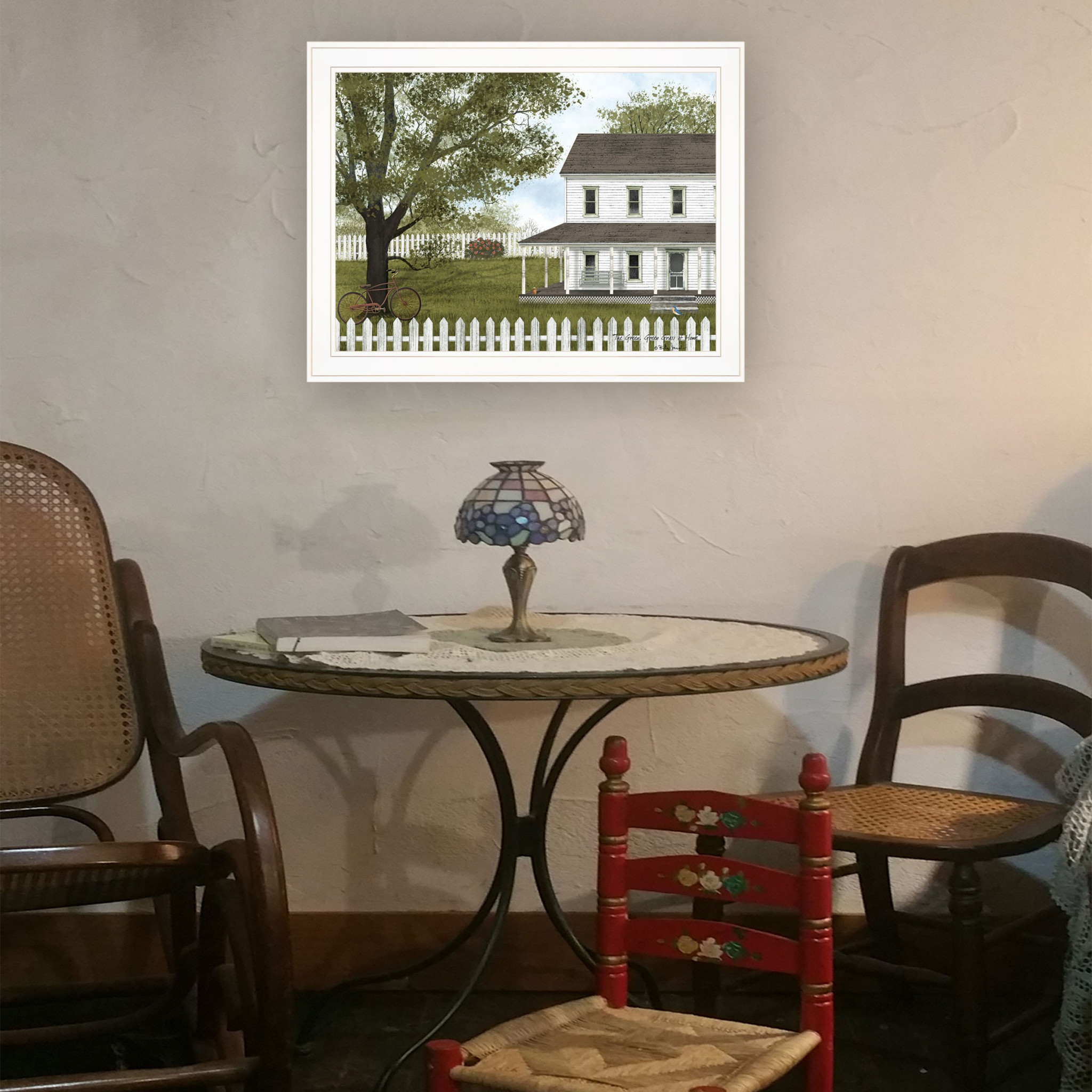 White Farmhouse With Picket Fence White Framed Print Wall Art