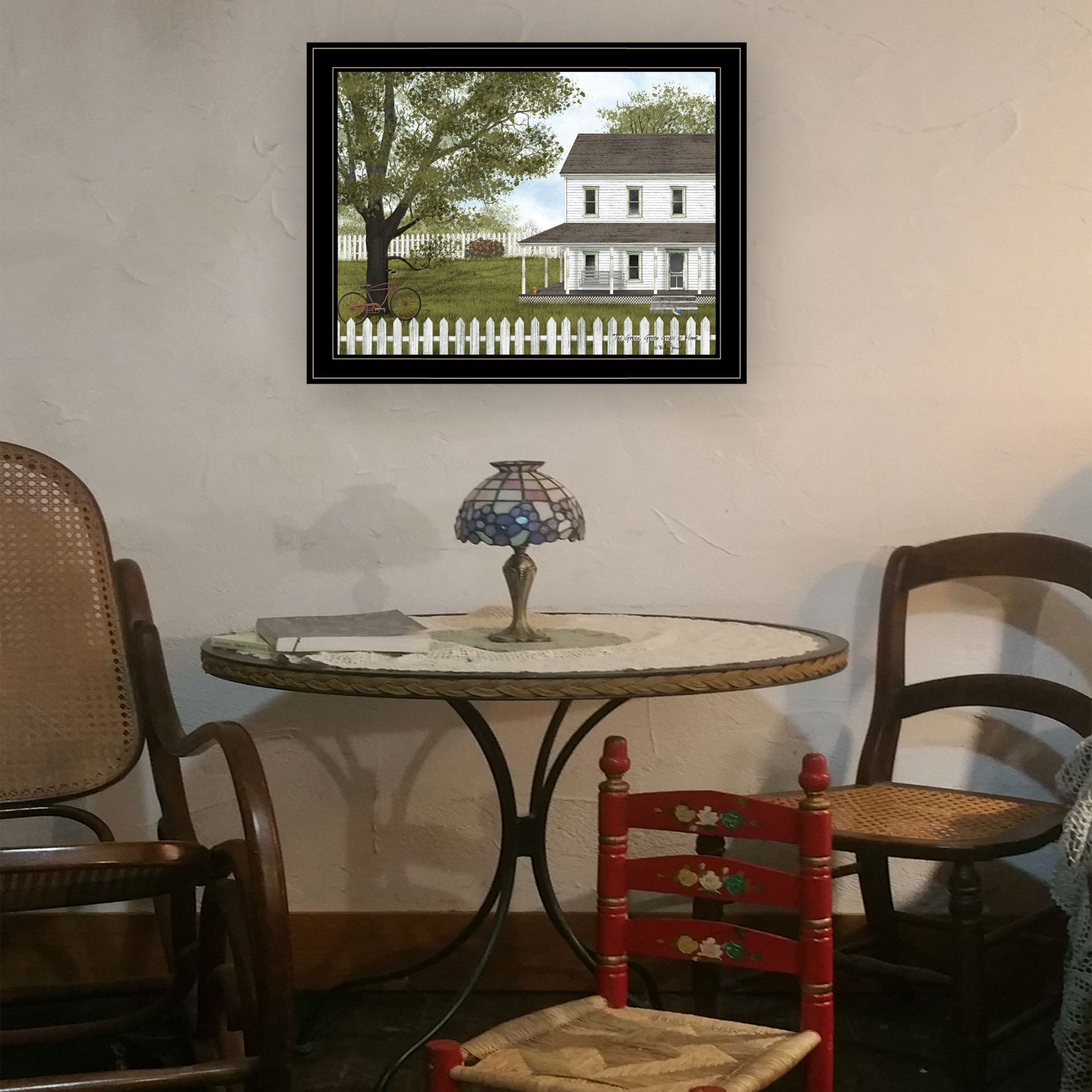 White Farmhouse With Picket Fence Black Framed Print Wall Art