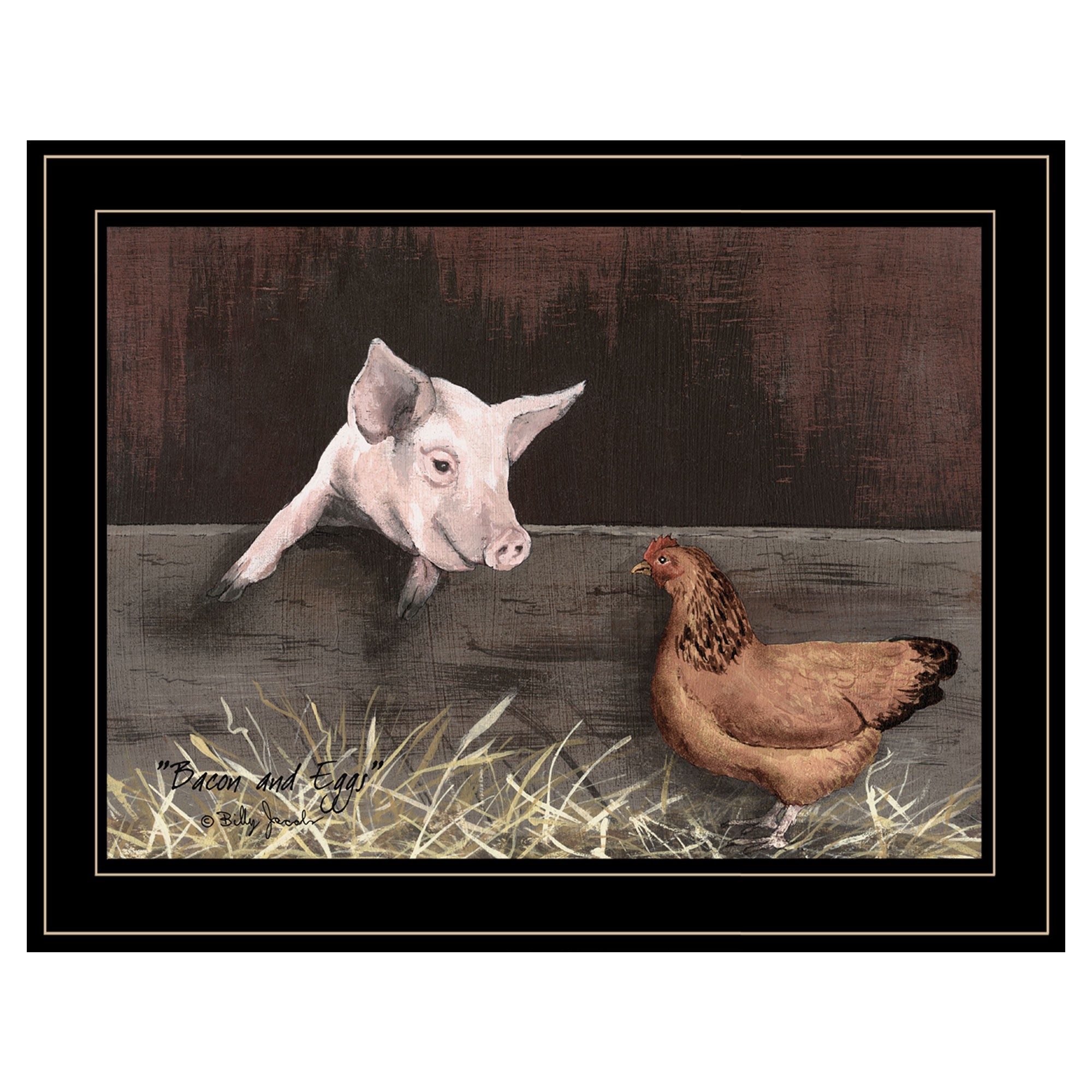 Pig And Chicken On The Farm Black Framed Print Wall Art