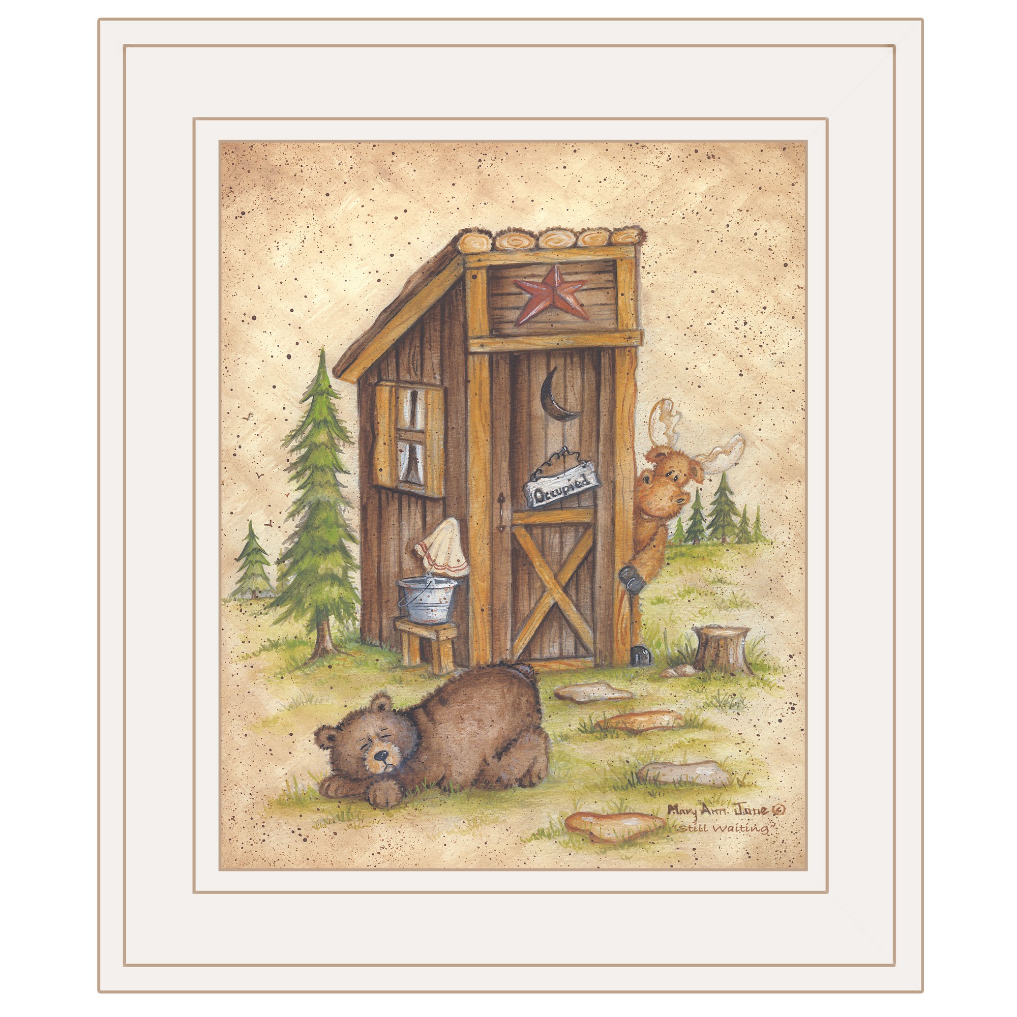 Still Waiting Bear And Moose Bathroom White Framed Print Wall Art