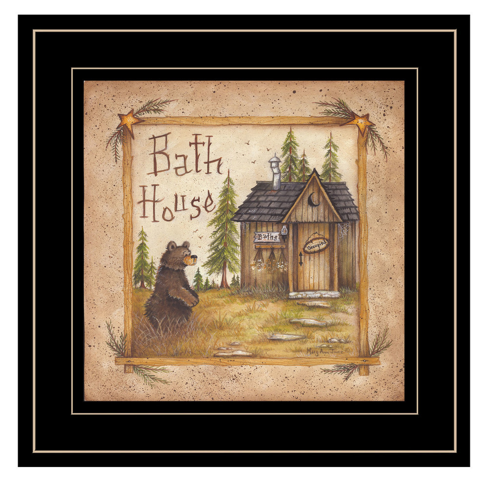 Bath House And Bear Black Framed Print Bathroom Wall Art