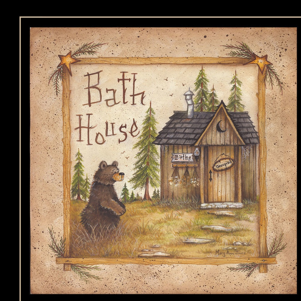 Bath House And Bear Black Framed Print Bathroom Wall Art
