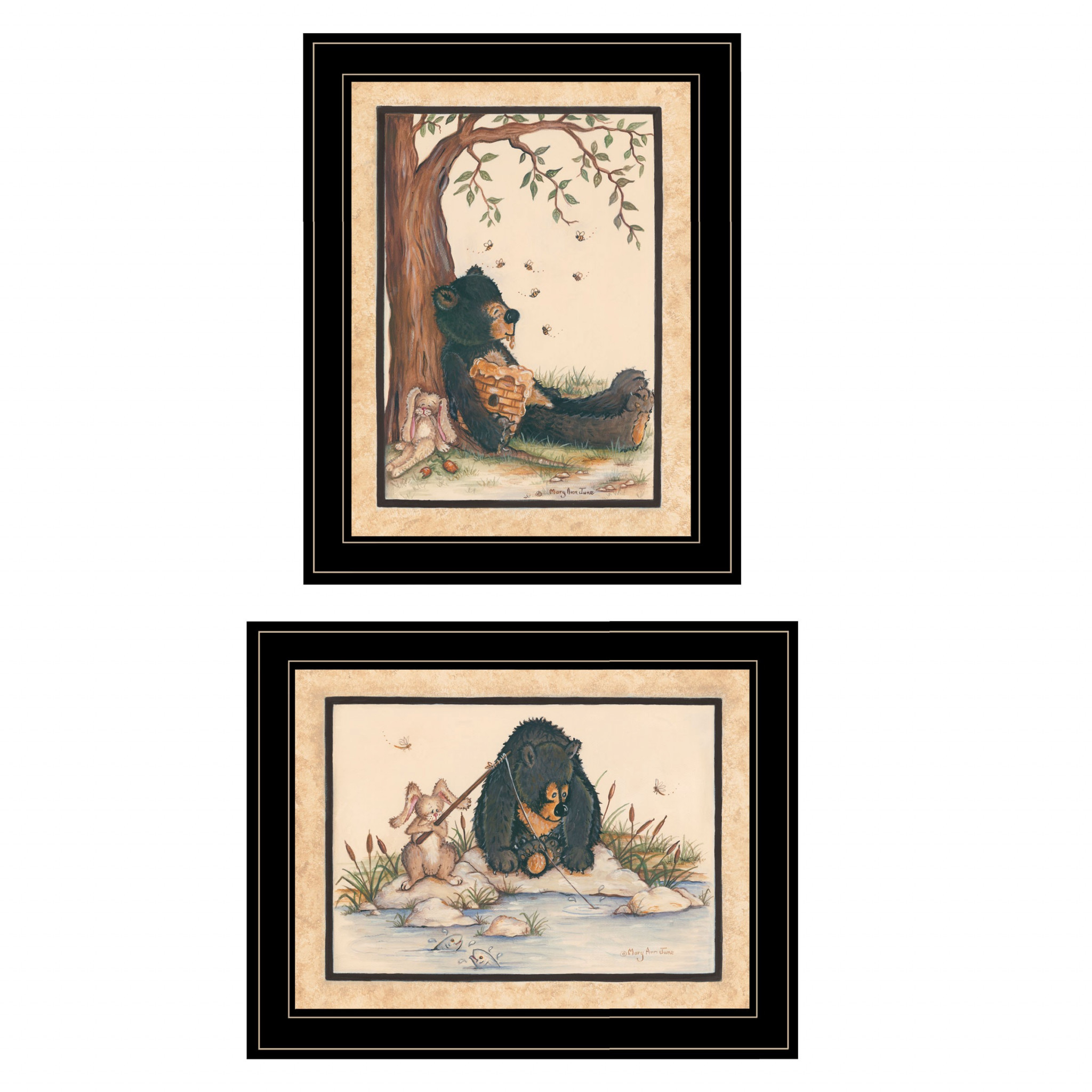 Set Of Two Gone Fishing Whimsical Honey Bear And Bunny Black Framed Prints Wall Art