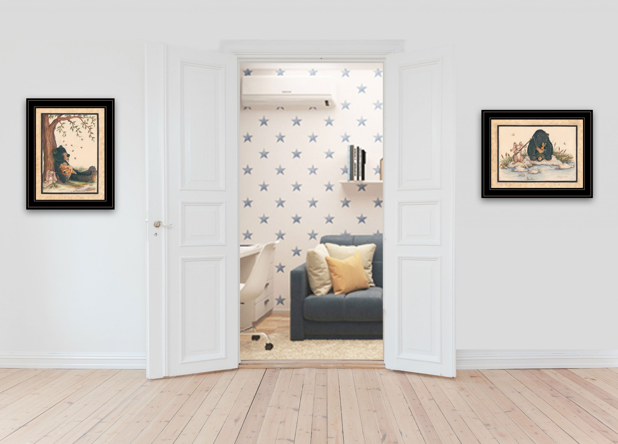 Set Of Two Gone Fishing Whimsical Honey Bear And Bunny Black Framed Prints Wall Art