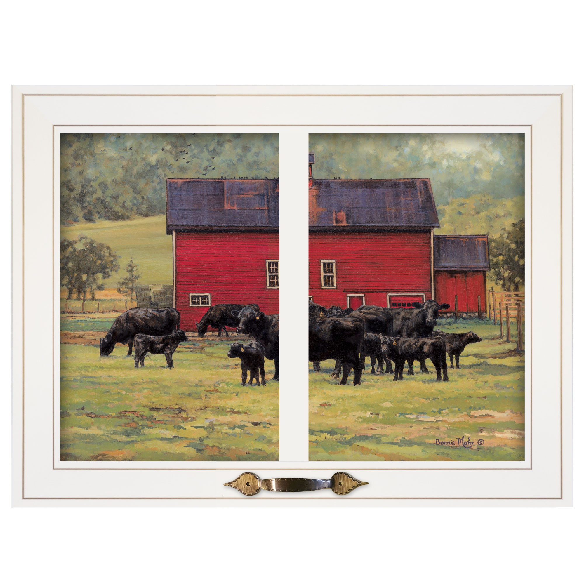 Herd Of Black Angus By The Red Barn White Framed Print Wall Art