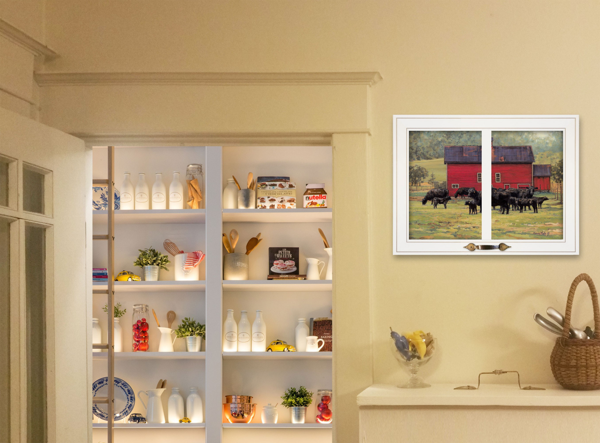 Herd Of Black Angus By The Red Barn White Framed Print Wall Art