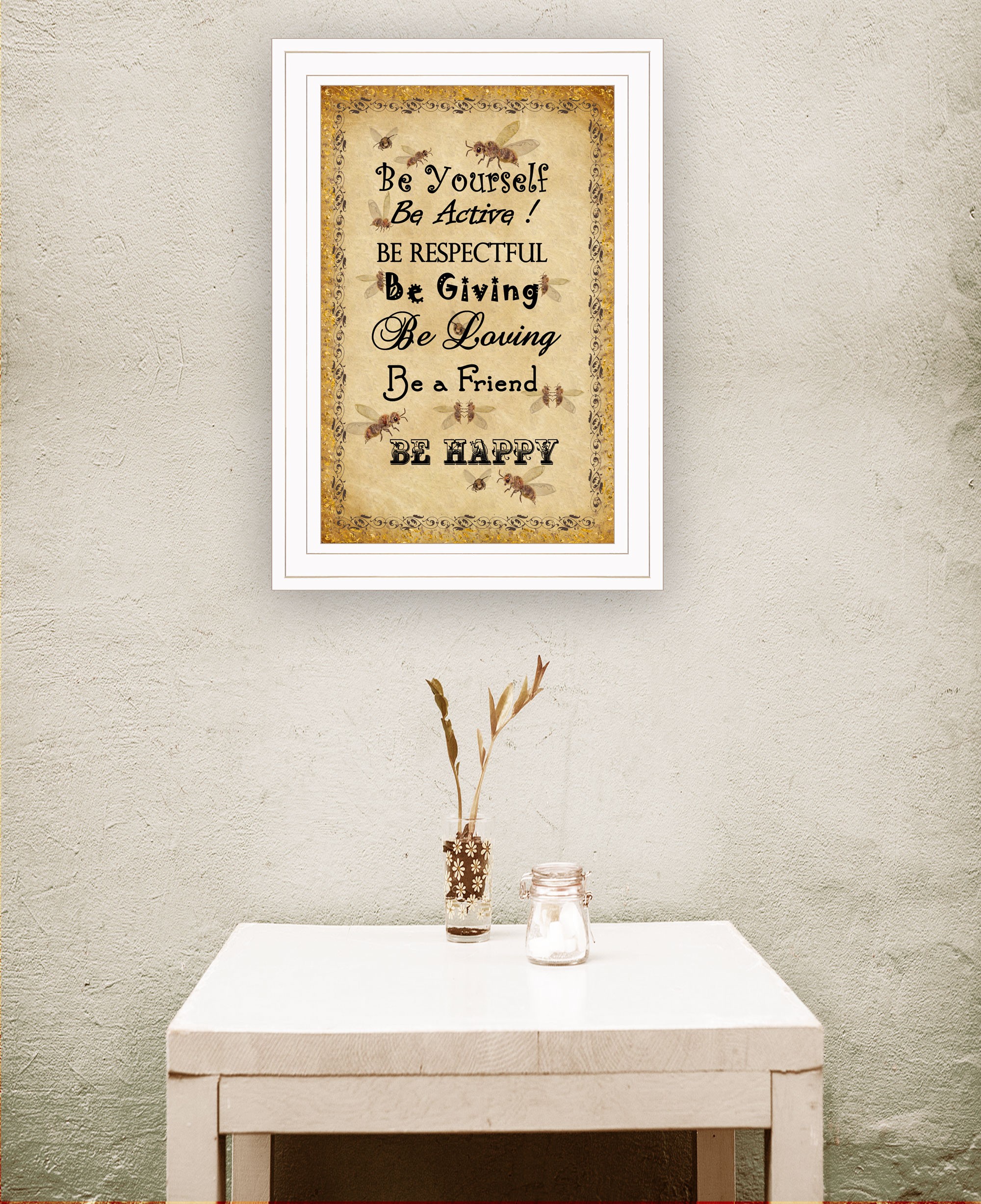 Bee Happy White Framed Print Wall Art