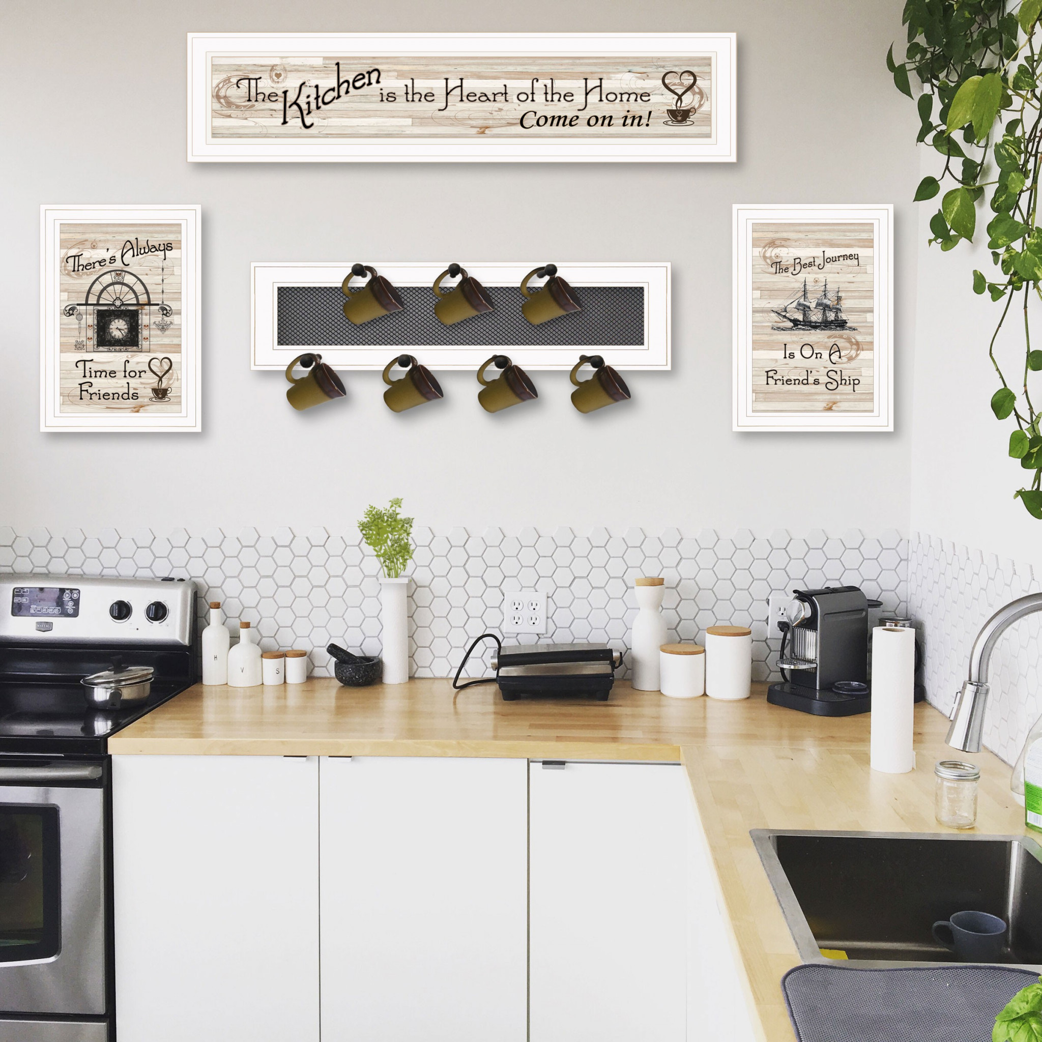 Set Of Four Kitchen Print (33X8) & Mug Rack(Horizonal) 27X8X3 White Frame White Framed Print Wall Art