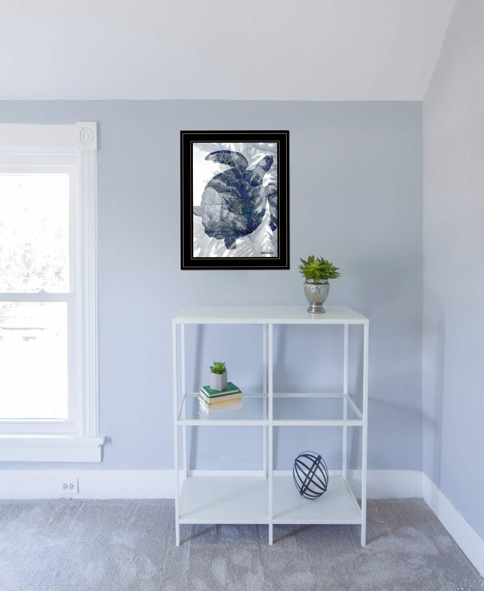 Turtle In Sea Grass Black Framed Print Wall Art