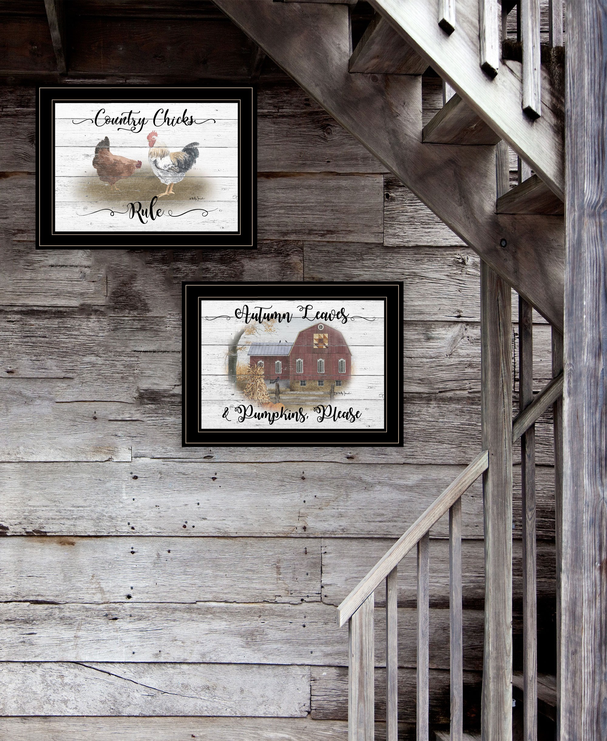 Set Of Two Chickens And Autumn Black Framed Print Wall Art