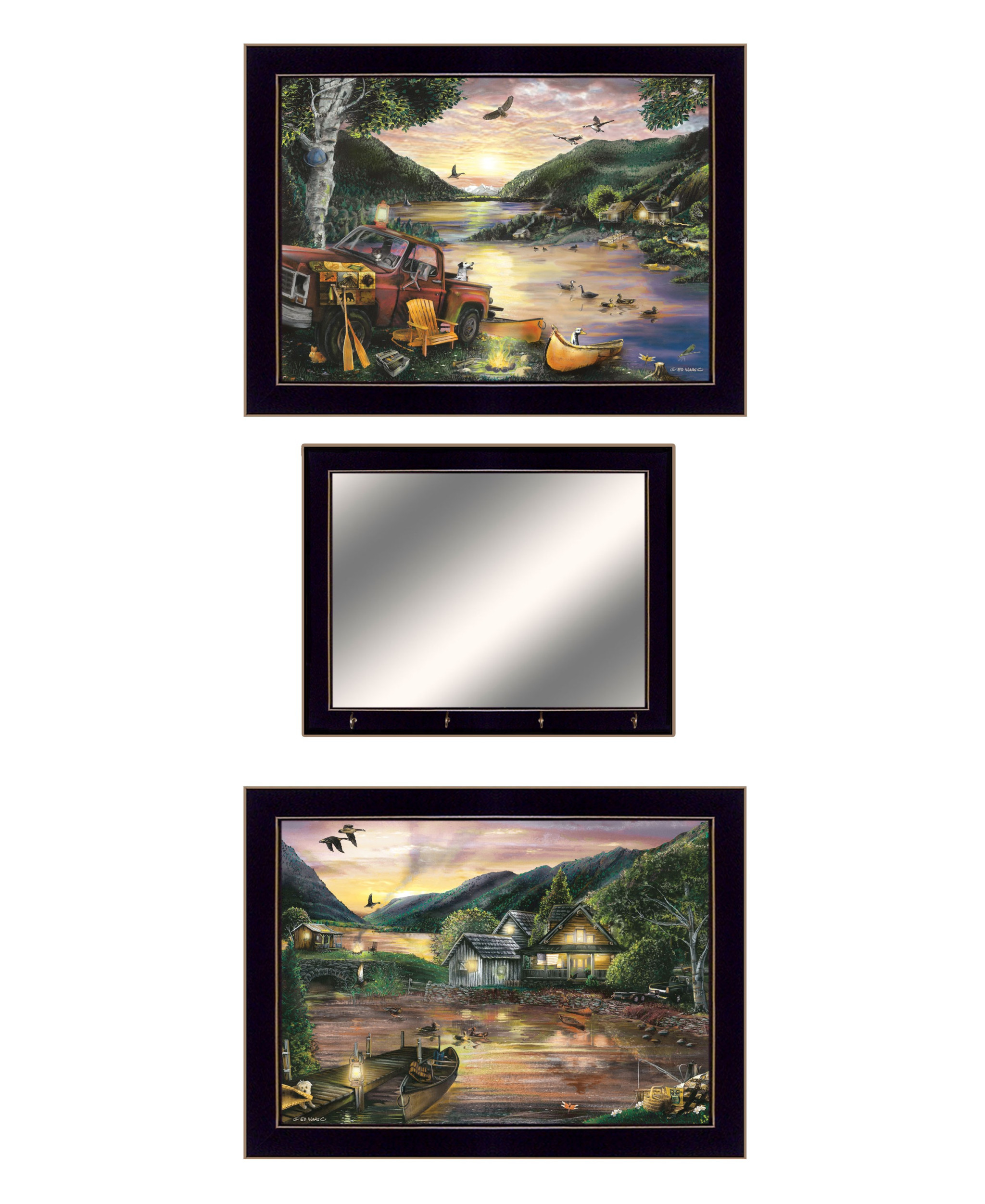 Set Of Three Lakefront camping 3 Black Framed Print Wall Art with Mirror