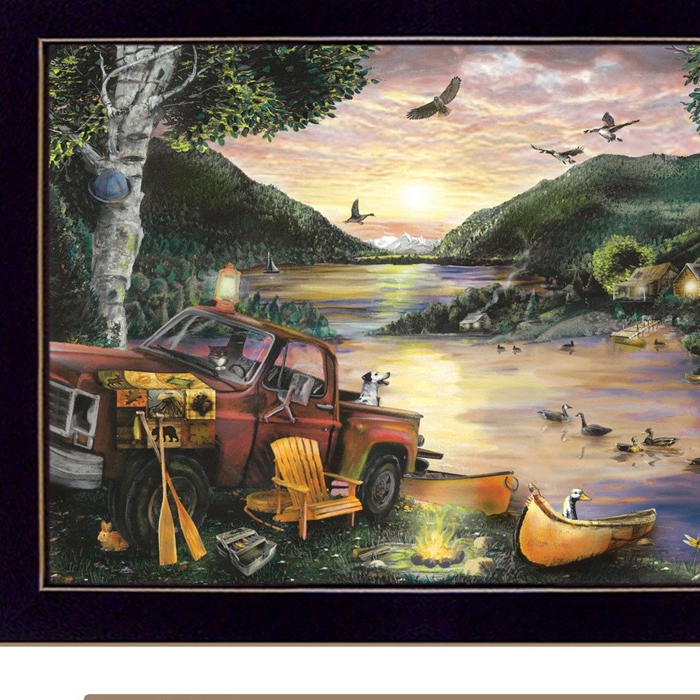 Set Of Three Lakefront camping 3 Black Framed Print Wall Art with Mirror