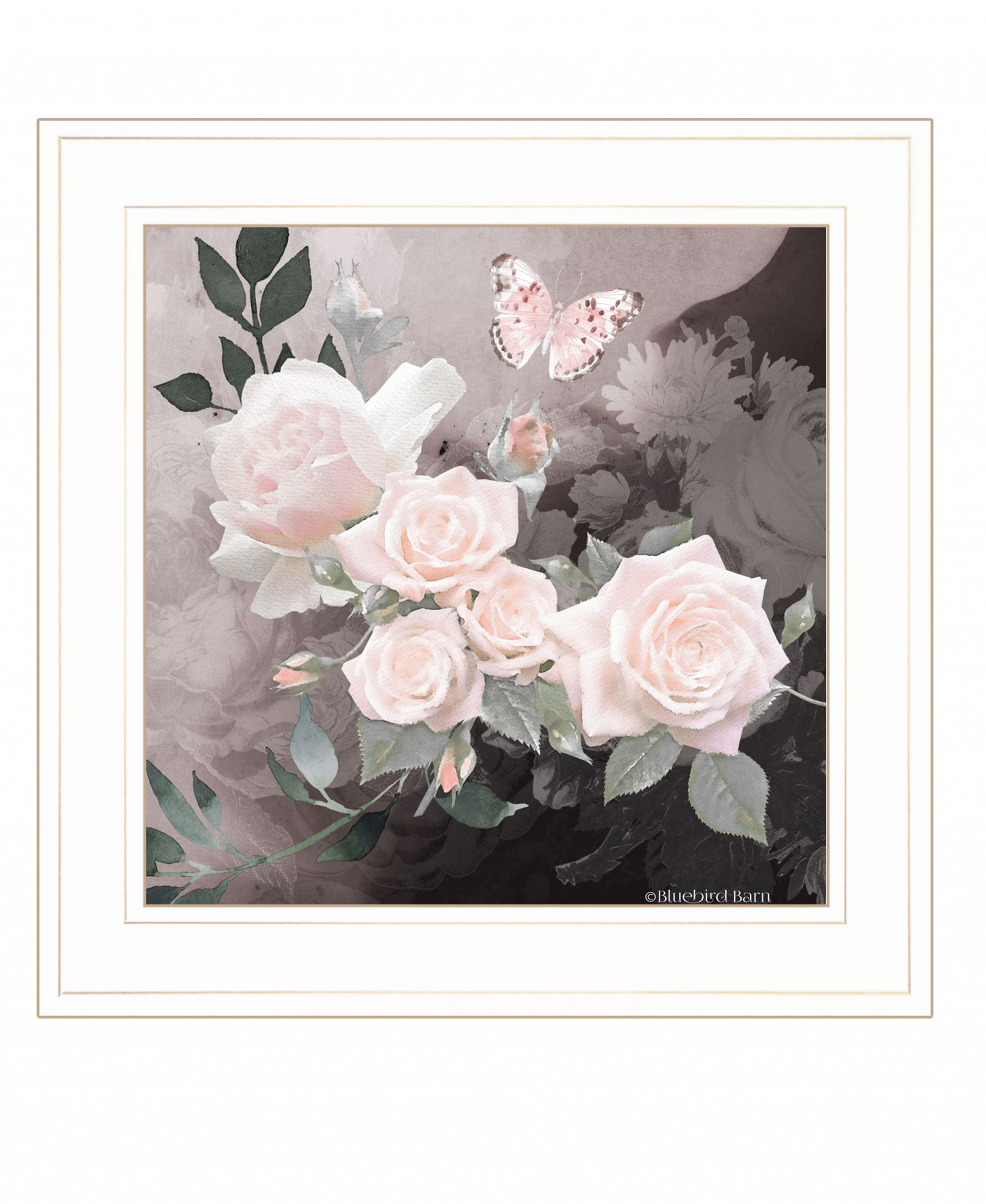 Pink Roses And Butterfly White Framed Print Wall Art