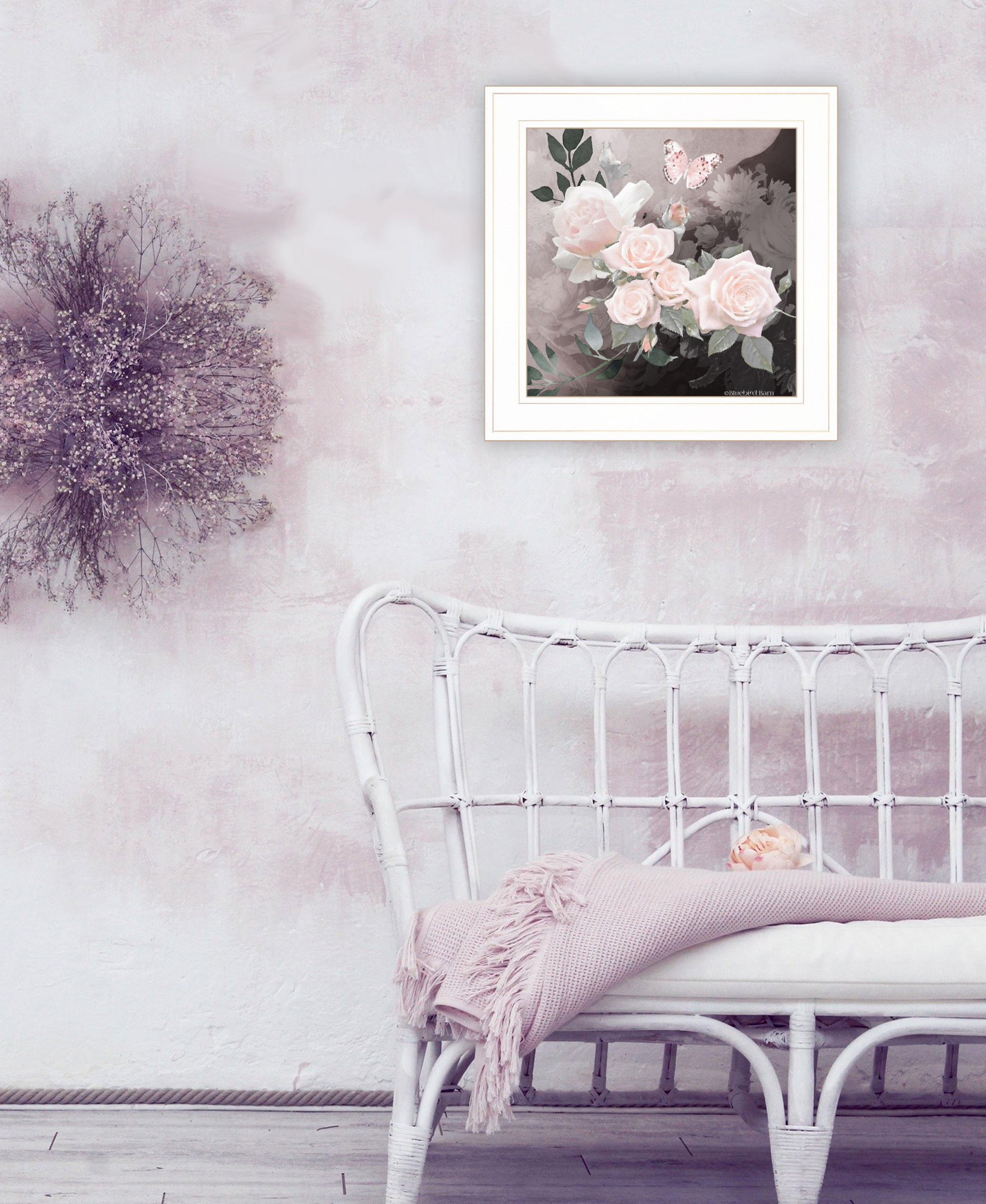 Pink Roses And Butterfly White Framed Print Wall Art