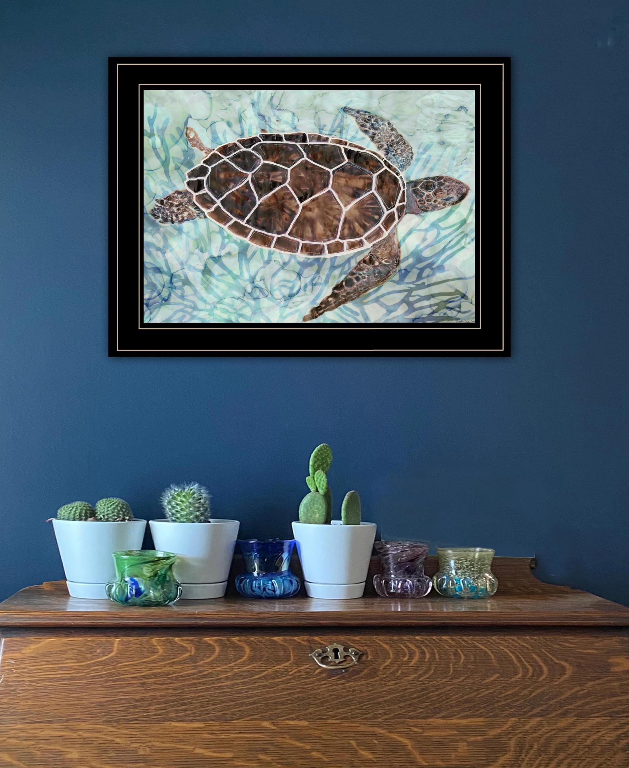 Sea Turtle In Sea Grass Black Framed Print Wall Art