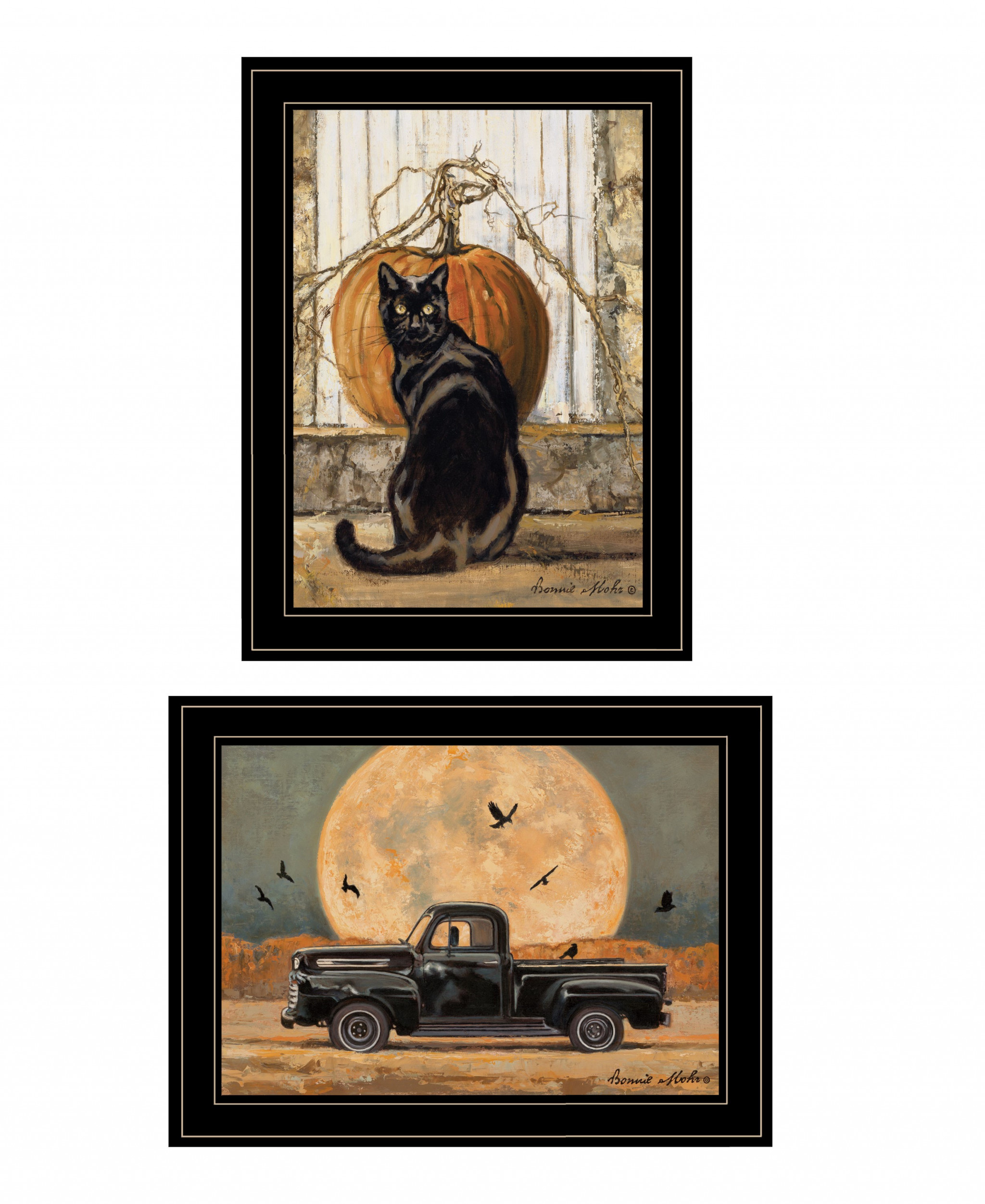 Set Of Two Harvest Moon With A Black Cat And Truck 2 Black Framed Print Wall Art-407940-1